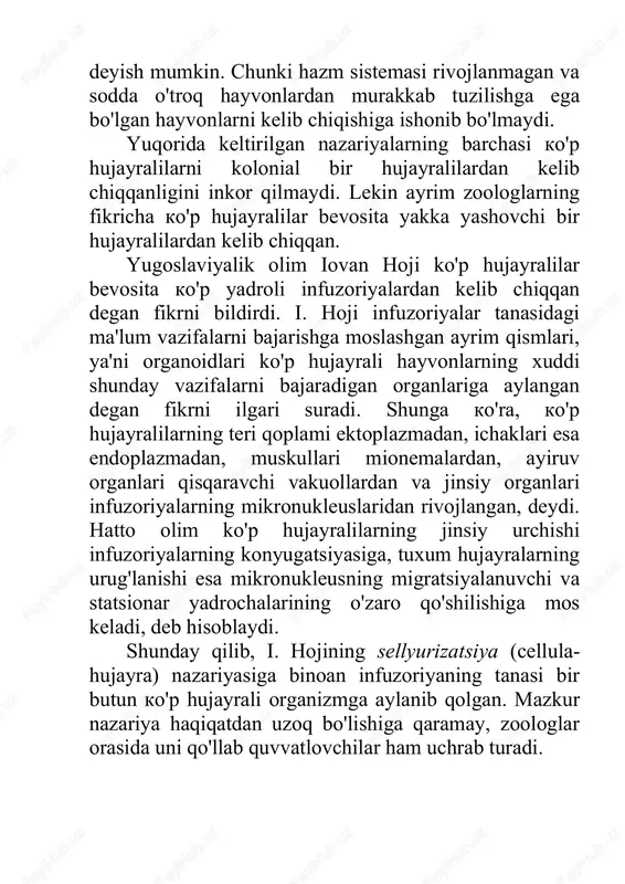 metazoa) deb ataladigan uchta bo‘limga ajratiladi. fagotsitellasimonlar bo‘limiga faqat ikkita turni birlashtiruvchi plastinkalilar (placozoa) tipi, tuban ko‘p hujayralilarga g‘ovaktanlilar (spongia) tipi kiradi. fagotsitellasimonlar va g‘ovaktanlilar tanasidagi hujayralarning ixtisoslashmaganligi, nerv sistemasi rivojlanmaganligi va bir xil hujayralarni ikkinchi xildagi hujayralarga oson aylanishi bilan boshqa ko‘p hujayralilardan keskin ajralib turadi. haqiqiy ko‘p hujayralilar bo‘limi juda ko‘plab tiplarni birlashtiradi. ularning tanasidagi hujayralar muayyan vazifani bajarishga ixtisoslashgan, haqiqiy nerv sistemasi rivojlangan. bu bo‘lim ham o‘z navbatida radial simmetriyalilar yoki ikki qavatlilar (radiata) hamda ikki tomonlama simmetriyalilar (bilateria) kichik bo‘limlarga ajratiladi. radial simmetriyalilarga bo‘shliqichlilar va ninaterililar tiplari kiradi. ikki tomonlama simmetriyali hayvonlarni ham o‘z navbatida tana bo‘shliqqa ega bo‘lmagan parenximatoz hayvonlarga(yassi chuvalchanglar, nemertinlar, mollyuskalar tiplari), birlamchi tana bo‘shliqlilarga(to‘garak chuvalchanglar, tikanboshlilar tiplari), ikkilamchi tana bo‘shliqlilar,ya'ni selomik hayvonlarga (halqali chuvalchanglar, ignaterililar va xordalilar tiplari) hamda aralash tana bo‘shliqlilar (bo‘g‘imoyoqlilar tipi)ga ajratish mumkin. embrional tuzilishiga binoan selomli hayvonlarni ham birlamchi og‘izlilar (protostomia) va ikkilamchi og‘izlilar (deuterostomia) guruhlariga ajratiladi. birlamchi …