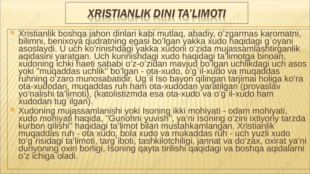 niy ibodatlar dabdabali va soxtalashtirilgan ko’rinishga ega, diniy o’qish, duo, iltijolar lotin tilida olib boriladi. pravoslaviyadagi kabi katolitsizmda ham farishta, ikona, ilohiy kuch, chirimaydigan marhum jasadlariga sig’inish odatlari mavjuddir. protestantizm tarixi martin lyuterdan (1483-1546) boshlanadi. u xvi asrda yevropada katoliklarga qarshi qaratilgan reformatsiya harakati bilan bog’liq juda ko’p mustaqil cherkovlar va sektalarni o’z ichiga oladi. protestantizm atamasi «protest» (norozilik) so’zidan kelib chiqqan. bunday nomni olishiga sabab 1526 yilda shpeyer reyxstagi nemis lyuterchi knyazlari talabi bilan har bir nemis knyazi o’zi va fuqarosi uchun xohlagan dinni tanlash huquqiga ega ekanligi to’g’risida qaror qabul qildi. ammo 1529 yilda ikkinchi shpeyer reyxstagi bu qarorni bekor qildi. bunga qarshi imperiyaning barcha shaharlari va besh knyazlik norozilik (protest) e’lon qildi. protestantizmning ilk shakllari “so`ngi protestantizm” shakllari lyuterchilik ; sivinglichilik; kalvinizm; unitarizm; sotsinchilik; anabaptizm; mennochilik; anglikanchilik;. baptistlar; metodistlar; kvakerlar; adventistlar; iegova shohidlari; mormonlar yoki «oxirat avliyolari»; «najot armiyasi»; «xristian fani»; pyatidesyatniklar. protestantizm xudoning borligi, uning uch …