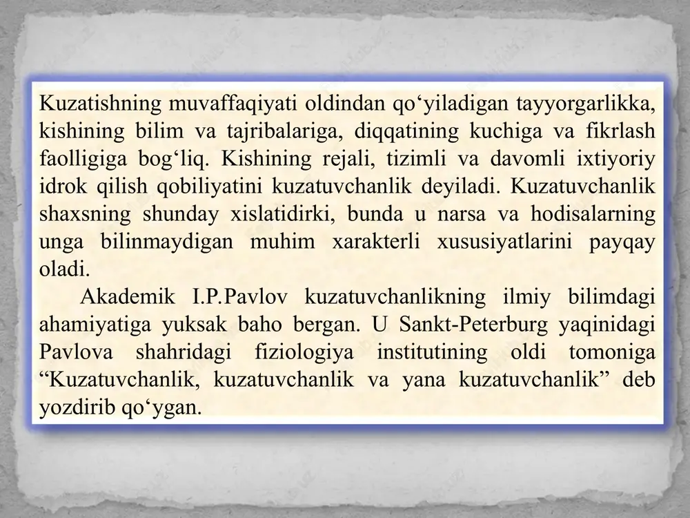 i. fantastik xayol – amalga oshmaydigan xayol turidir. xayol sifatlariga quyidagilar kiradi: xayoli kengligi, mazmundorligi, kuchi realligi, fantaziya boyligi xayol kengligi voqelikning kishilar faoliyati uchun bo‘ladigan doirasi bilan belgilanadi. xayolning unumdorligi biror narsaga nisbatan xayolning boyligi, xilma-xilligi bilan belgilanadi. kuchli xayolda odam juda tez ta’sirlanadi . xayol kuchi quyidagilarga bog‘liq bo‘ladi: xayol kuchi ehtiyoj, qiziqish, istaklarning kuchiga bog‘liq bo‘ladi. xayol kuchi hissiyotga bog‘liq bo‘ladi, hissiyot qanchalik kuchli bo‘lsa, xayol shunchalik erkin bo‘ladi. xayol kuchi idrokka bog‘liq bo‘ladi. biz idrok qilganimizda diqqat bilan idrok qilsak, xayol kuchayib, kengayadi, agar diqqatimiz xayolga qaratilsa, unda idrok qilsak, xayol kuchayib kengayadi, agar diqqatimiz xayolga qaratilsa unda idrok susayadi. xayol kuchi kishining ahvoliga, asab tizimiga bog‘liq bo‘ladi, ya’ni asab tizimining tetikligiga, charchab qolganligiga, sog‘ligiga va betobligiga bog‘liq bo‘ladi. xayolning realligi – voqelikni to‘g‘ri aks ettiruvchi xayoliy obrazlarning yaratilishi, geniylarni xayolining kuchi real xayoldir. bolalar ertaklarni tinglashni, voqealarni eshitishni yoqtirishlarining asosiy sabablari: kattalarning fikrlarini eshitish natijasida …