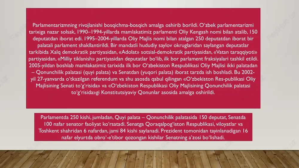 imi bo‘lmaydigan bo‘ldi. hozirda o‘zbekiston respublikasi prezidentining taqdimiga binoan, o‘zbekiston respublikasining bosh vaziri, uning birinchi o‘rinbosari va o‘rinbosarlari nomzodlari avval qonunchilik palatasida, so‘ngra senatda ko‘rib chiqiladi hamda tasdiqlanadi. vazirlar mahkamasining boshqa a’zolari esa bosh vazirning taqdimiga binoan o‘zbekiston respublikasi prezidenti tomonidan tasdiqlanadi. hozirda vazirlar mahkamasining tarkibiga o‘zbekiston respublikasi bosh vaziri, uning birinchi o‘rinbosari va o‘rinbosarlari, o‘zbekiston respublikasi vazirlari, davlat qo‘mitalarining raislari, qoraqalpog‘iston respublikasi vazirlar kengashining raisi kiradi. sud hokimiyati – o‘zbekiston respublikasi konstitutsiyasining 106-moddasiga ko‘ra, o‘z-bekiston respublikasida sud hokimiyati qonun chiqaruvchi va ijro etuvchi hokimiyatlardan, siyosiy partiyalardan, boshqa jamoat birlashmalaridan mustaqil holda ish yuritadi. mustaqillikning dastlabki yillarida sud hokimiyati sohasida ham islohotlar amalga oshirildi. o‘zbekiston respublikasining konstitutsiyasi va 2000-yilda qabul qilingan «sudlar to‘g‘risida»gi qonuni (yangi tahrirda) sud islohotlarining huquqiy asosidir. sud tizimidagi islohotlarni ikki davrga bo‘lish mumkin. 1991–2016-y.y; 2) 2017-yildan keyingi davr. dastlabki davrda o‘zbekiston respublikasi sud tizimiga besh yil muddatga saylanadigan quyidagi sudlar kirgan: 1.o‘zbekiston respublikasining konstitutsiyaviy sudi; 2.o‘zbekiston …