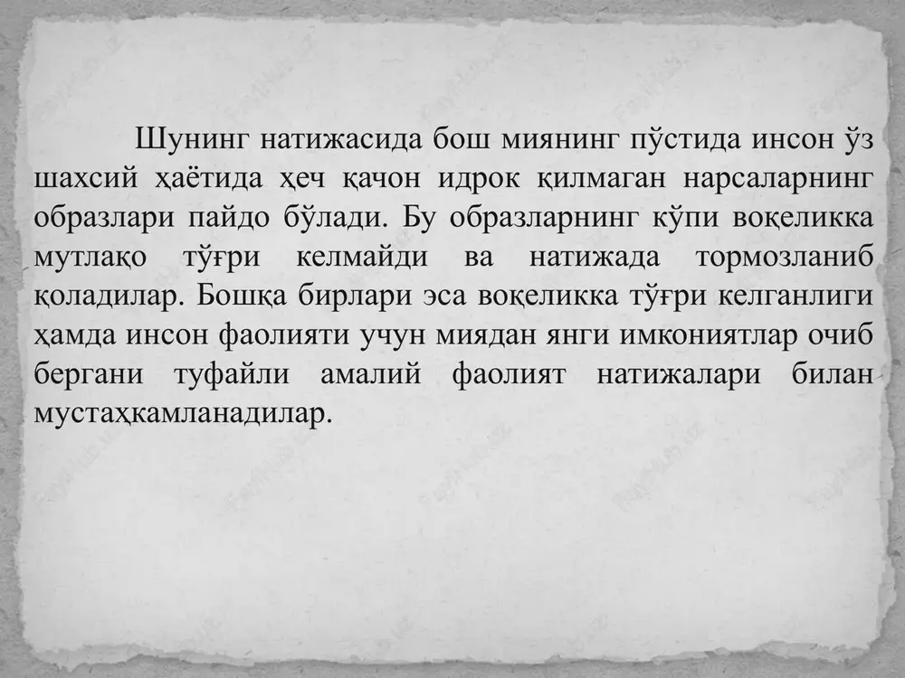 muayyan sharoitda shaxs tomonidan idrok qilinadigan narsa yoki jism idrokning ob'ekti deb ataladi. appertseptsiya – idrok jarayonini shaxsning oldingi bilimlari, shaxsiy va ijtimoiy tajribalari, qiziqishlari, motivatsiyasi, ehtiyojlari va odatlari, umuman ruhiy hayotining barcha mazmuni bilan belgilanishidir. idrokning konstantligi deganda, biz idrok qilishdan ongimizda hosil bo'lgan obrazning real voqelikdagi bizga ta'sir etib turgan narsaning tabiiy holatiga har jihatdan mos bo'lishini tushunamiz. illyuziya – bizga ta'sir qilayotgan narsalarni yanglish idrok qilish demakdir. odatda ikki xil illyuziya farqlanadi: a) ob'ektiv illyuziya; b) sub'ektiv illyuziya. ob'ektiv illyuziya – hamma odamlar uchun umumiy xarakterga ega bo'lib, uni geometrik illyuziya deb ham yuritiladi. ob'ektiv illyuziya biz idrok qilayotgan narsalarning o'zaro bir-biriga ta'siri tufayli yuz beradi. illyuziyaning bu turi har xil geometrik shakllarni idrok qilishda juda yaqqol ko'rinadi. sub'ektiv illyuziyalar odamning ayni chog'dagi hissiy holati bilan bog'liq bo'ladi. boshqacha qilib aytganda, odamning hissiy holatida ro'y beradigan o'zgarishlar idrok jarayoniga ta'sir qiladi. go'yo aylanayotgandek tuyuladi. gallyutsinatsiya voqelikdagi narsa …
