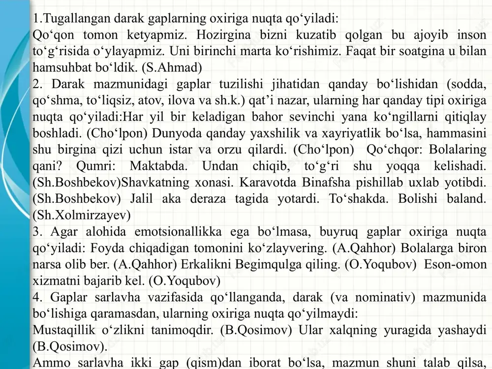 narsa bormi?! (t.malik) ammo gapda kuchli emotsionallik, his-hayajon mavjud boʻlganda, soʻroq belgisidan keyin undov belgisi ham qoʻyiladi: qachon jilovlab qoʻyiladi bu igʻvogar, gʻalamislar-a?! qachon bartaraf boʻladi bu anonimchilar-a?! (t.murod) oʻtgan bozor kuni yegan anoringni oʻynashing olib kelganmidi?! (a.qahhor) asqarali togʻa, bas endi, shu choyni ichaymi-yoʻqmi?! (t.malik) oʻgʻlingiz ot olmoqchi edi bu pulga, sizda insof degan narsa bormi?! (t.malik). 4. qoʻshma gaplar (bogʻlovchisiz bogʻlangan, bogʻlovchili bogʻlangan, ergashgan) komponentlarining har ikkisida ham soʻroq mazmuni ifodalanishi mumkin, ammo soʻroq belgisi faqat yaxlit qoʻshma gapning oxiriga qoʻyiladi: nega yerda uchrashdilar bu ikki malak, nega suhbat qurmadilar fazolar aro? (e.vohidov). oʻrniga kim ekan — bilsak boʻladimi? (e.aʼzam) biz, rahbarlarga ishonasizmi yo mana shunga oʻxshagan podachiga ishonasizmi? (t.murod) bu oʻzingning fikringmi yo biror koʻrsatma bormi? (t.malik)rang-roʻyingga nima boʻldi, tuzukmisan oʻzi? (e.aʼzam). 5. qoʻshma gaplar (bogʻlovchisiz bogʻlangan, bogʻlovchili bogʻlangan, ergashgan) komponentlarining faqat bittasida soʻroq mazmuni ifodalanishi mumkin, ammo soʻroq mazmunini ifodalagan komponentning oldin yoki keyin turishidan qatʼi …