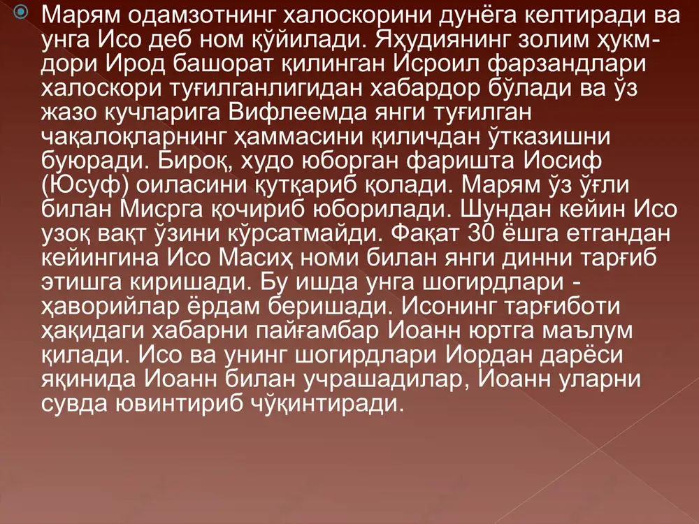 tobchasi iso masihning hayoti va ta'limotiga bag'ishlangan, ular matto (matfey), marko, luka, yuhanno (ioann) bayon etgan muqaddas xushxabar (evangelie) deb ataladi. 2. aziz havoriylarning faoliyati (deyaniya svyatix apostolov) nomli kitobchada iso masihning alohida tanlagan shogirdlari – havoriylarning nasroniylik dinini tarqatish yo'lida qilgan ishlari, nutqlari, quvilishlari, xristian jamoalarining vujudga kelishi haqida hikoya qilinadi. 3. pavel, iakov, petr, ioann, iuda nomli havoriylarning turli mamlakat va podshohlarga xristianlik dinining aqidalarini bayon qilib yo'llagan maktublari ham injilda jamlangan. 4. vahy (otkrovenie) deb nomlangan bu kitob xudo tomonidan avliyo ioannga yuborilgan bashorat hisoblanadi. unda oxirzamonda yuz beradigan musibatlar, iso masihning dunyoga qaytishi, ya'juj-ma'juj, dajjol, qiyomat, jannat va jahannam tasvirlanadi. 4-savol: din aqidalarining shakllanishi. xristianlikning asosiy g'oyasi – isoning odamzotning xaloskori – «messiya» ekanligi yahudiylikda mavjud bo'lib, oxiratga yaqin kelishi kutilayotgan xaloskor haqidagi ta'limotdan kelib chiqqandir. keyinchalik bu ta'limot xudoning mujassamlanishi yoki isoning ikki xil – odam va xudo mohiyati haqida «gunohni yuvish», ya'ni isoning o'zini …