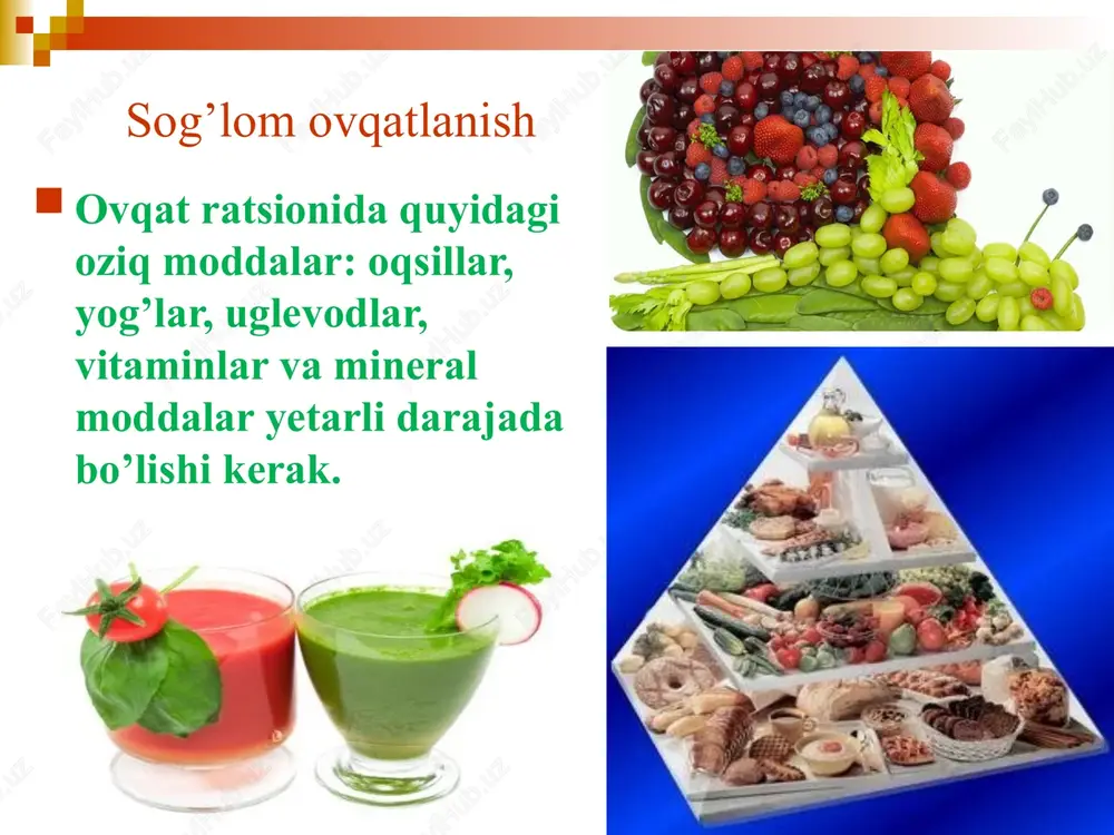 ish madaniyatini keng targʼib qilish, shu jumladan, tartibsiz va kechki uyqu oldidan ovqatlanish odatlaridan voz kechish; quyidagilar sogʼlom turmush tarzini hayotga keng tatbiq etish va ommaviy sportni yanada rivojlantirishning asosiy yoʼnalishlari etib belgilansin: ‹#› haccp training course: module 01 - haccp introduction ommaviy sportni rivojlantirish boʼyicha oilalar, sinflar, mehnat jamoalari va hududlar oʼrtasida sport musobaqalarini muntazam ravishda oʼtkazish; aholi turli guruhlarining sogʼlom ovqatlanishga boʼlgan ehtiyojlarini qondirishni taʼminlaydigan shart-sharoitlar yaratish, tarkibida tuz, qand va yogʼ miqdori koʼp boʼlgan hamda xamirli taom va shirinliklarni, non mahsulotlarini isteʼmol qilishni qisqartirish, zararli odatlardan, xususan, alkogol va tamaki mahsulotlarini isteʼmol qilishdan voz kechish yoʼli bilan kasallikka chalinish, ortiqcha vazn holatlari (semizlik) va bevaqt vafot etishni kamaytirish; sanitariya-gigiena qoidalariga rioya etilishini oilalar, mahallalar, maktabgacha taʼlim va umumtaʼlim muassasalari darajasida sogʼlom turmush tarzining ajralmas qismi sifatida targʼib qilish; respublikada aholi oʼrtasida ommaviy sportni rivojlantirish va sogʼlom turmush tarzini targʼib qilishda — yurish, yugurish, mini-futbol, velosport, badminton, stritbol, …