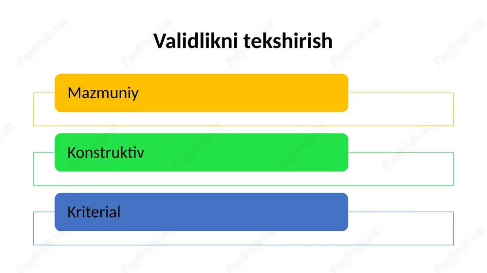 . ba’zi shaxslik testlari bunday chegaradan chetga chiqishiga ham to‘g‘ri keladi. baholarning miqdoriy differensiallashgan xarakterga egaligi. test shkalalari va standartlashganlik uning aniqlovchi instrumenti sanaladi psixologik testlarning kamchiliklari ommaviyligi ularni ishlatish, ba’zida bir qator oqibatlarga olib kelishi mumkin. yo‘riqnomalarni tushunmasdan javob berishga to‘g‘ri kelib qolishi, profanatsiya xavfi. bu so‘z ma’nosini ifodalashda hosil bo‘ladigan effekt. masalan mutaxassislar saralash sharoitida mmpi qo‘llash, sakkizinchi shkaladagi maksimal ball «shizofreniya»ni aniqlashga yordam beradi bu original tafakkurni baholovchi sanaladi, to‘rtinchi shkalada «psixopatiya-impulsivlik» tarzda ifodalangan. testning savollari sog‘lom shaxsni ancha talvasaga solib qo‘yadi. individual yondashuvning yo‘qligi (stressga chidamlilik). test yoppasiga o‘tkazishga ancha qo‘l kelganligi sababli, unda individual xarakterdagi jihatlar e’tibordan chetda ham qolib ketadi. ishonchlilik sharoitlarini bo‘lmasligi. test protseduralarining rasmiylik xarakteriga ega ekanligi, psixologning uning muammosiga shaxsan qiziqishiga nisbatan ishonchsizlik olib keladi. noadekvat murakkablik individual yondashuvning yo‘qolishi. ba’zan yuqori ma’lumotli darajasida tuzilmagan testlarda hatdan ortiq murakkablik yosh xususiyatlariga tag‘sir etadi. e`tiboringiz uchun raxmat, sog` bo`ling! image1.png /docprops/thumbnail.jpeg