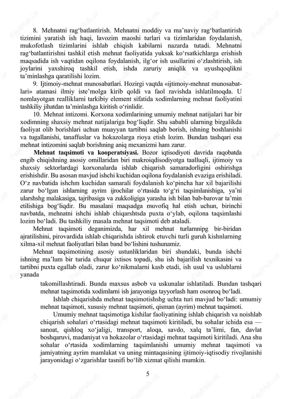 ta’minlashning turli variantlarini baholash vositasi boʻlib xizmat qiladi. har qanday tashkiliy oʻzgarish ish vaqti sarflariga ma’lum darajada ta’sir etishi tufayli mehnatni me’yorlash ushbu oʻzgarishlarni miqdoran baholab, eng oqilona variantni tanlash imkonini beradi. 4. ish joylarini tashkil etish. mehnat jarayoni ma’lum vaqt va makonda amalga oshiriladi. ish joyi mehnatni makoniy qoʻllash ob’ekti boʻladi. ish joyi ishlab chiqarish jarayonining birlamchi boʻgʻini va tashkiliy-texnikaviy negizidir. aynan unda ushbu jarayon uch asosiy elementining birlashishi roʻy beradi va uning bosh maqsadi – mehnat buyumining moddiy jihatdan oʻzgartirilishiga erishiladi. shu sababli ishlab chiqarish topshiriqlarini oʻz vaqtida va sifatli bajarish uchun har bir ish joyi aniq ishning tabiatiga koʻra muayyan tarzda tashkil qilingan boʻlishi. . mehnat sharoitlari. mehnat sharoitlarini yaratish xodimlar faoliyatini ma’naviy va moddiy jihatdan ta’minlashning ajralmas qismi boʻladi. mehnat sharoitlari insonning salomatligi va ish qobiliyatiga katta ta’sir koʻrsatadigan muhim omildir. mehnat sharoitlarini yaxshilash, ishning qiziqarliligini oshirib, mehnatga ijodiy munosabatda boʻlishiga koʻmaklashib, katta ijtimoiy vazifani ham …