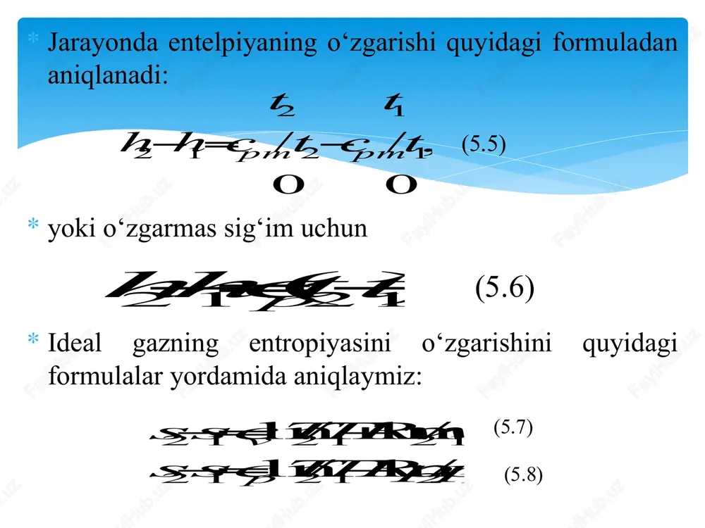 arayon tenglamasidan faqatgina n ning qiymati bilan farqlanishi tufayli, parametrlar orasidagi bog‘lanish adiabat jarayon kabi bo‘ladi: politrop jarayonning issiqlik sig‘imini (5.28) formuladan aniqlaymiz: (5.29) tenglama n ning har qanday qiymati uchun jarayon isiqlik sig‘imini aniqlash imkonini beradi. (5.29) tenglamaga yuqorida ko‘rib chiqilgan jarayonlar uchun n ning qiymatini qo‘ysak, u holda shu jarayonlarning issiqlik sig‘imlarini aniqlash mumkin: izoxorik jarayonda n=+, c=cv ; izobarik jarayonda n=0, c=kcv=cp ; izotermik jarayonda n=1, c=+ ; adiabatik jarayonda n=k, c=0 ; e’tiboringiz uchun rahmat image2.emf image3.emf image4.emf image5.emf image6.emf image7.emf image8.emf image9.emf image10.emf image11.emf image12.emf image13.emf image14.emf image15.emf image16.emf image17.emf image18.emf image19.emf image20.png image21.emf image22.png image23.emf image24.emf image25.wmf oleobject1.bin image26.png image27.emf image28.emf image29.emf 1 1 2 2 1 2 0 0 2 1 t t c t t c dt c u u u vm vm t t v           ( 5.1 ) ) ( 1 …