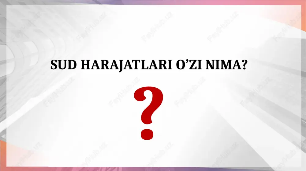 tmaganlarga, homilador ayollarga, kasalligi, yoshi yoki boshqa uzrli sabablarga ko‘ra sud majlisiga kela olmaydigan shaxslarga nisbatan qo‘llanilmaydi. majburiy keltirish my first template ishni muhokama qilish vaqtida tartibni buzgan shaxsni raislik qiluvchi sud nomidan ogohlantiradi. sud majlisida taraf yoki uchinchi shaxs tartibni buzgan taqdirda, sud tartibbuzarni ishni ko‘rishning hamma vaqtiga yoxud uning bir qismiga majlis zalidan chiqarib yuboradi. ogohlantirish va sud majlisi zalidan chiqarib yuborish my first template sud jarimalari fpkda nazarda tutilgan hollarda solinadi. sud jarimasini solish to‘g‘risida ajrim chiqariladi, uning ko‘chirma nusxasi jarima solingan shaxsga darhol yuboriladi. sud tomonidan solinadigan sud jarimasining miqdori bazaviy hisoblash miqdorining besh baravaridan oshmasligi kerak. sud jarimalari my first template protsessual muddatlar deganda fuqarolik ishlarini sudda ko‘rish va hal qilish bilan bog‘liq protsessual harakatlarni amalga oshirish uchun lozim bo‘lgan vaqt tushuniladi. mazkur muddatlar sud, ishda ishtirok etuvchi shaxslar, odil sudlovni amalga oshirishga ko‘maklashuvchi shaxslar, shuningdek ayrim hollarda ishda ishtirok etmaydigan shaxslarga nisbatan ham belgilanadi. …
