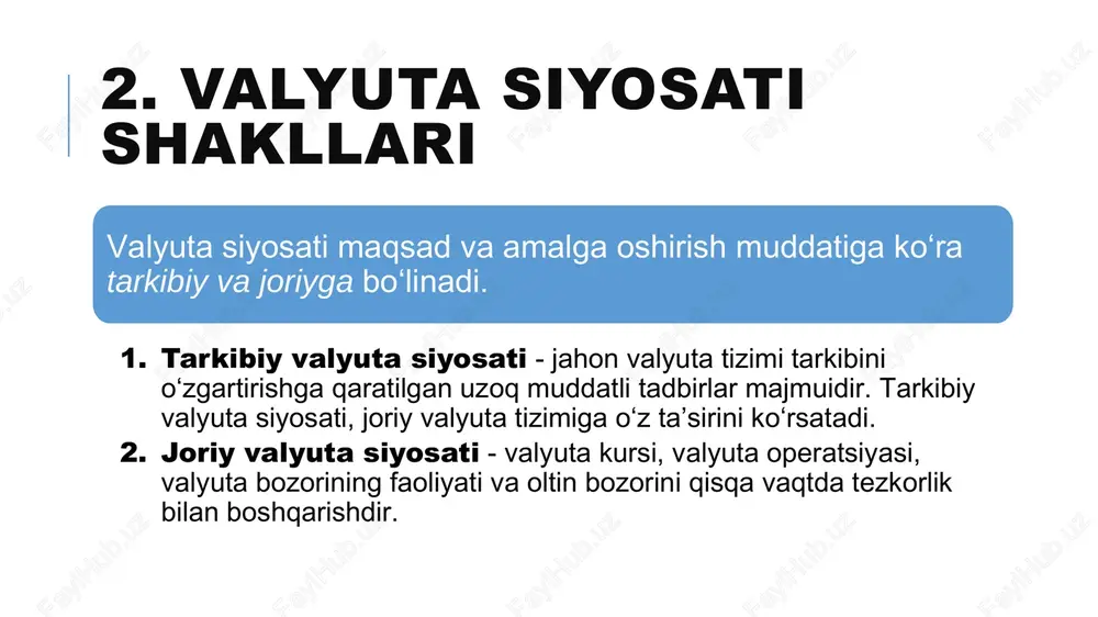 chi olimlar tomonidan hanuzgacha yagona to‘xtamga kelinmagan. biroq valyuta kursining xilma xil rejimlari qat’iy belgilangan va suzuvchi rejim oralig‘idan joy olishi ta’kidlanadi. xvf tomonidan valyuta kursi rejimlari a’zo mamlakatlarning amaldagi valyuta tartibidan kelib chiqqan holda tasniflangan bo‘lib, uning 8 turi qayd etilgan. 3. valyuta kursi rejimlari. 1. aloxida qonuniy to‘lov vositasiga ega bo‘lmagan valyuta rejimlari (exchange arrangements with no separate liegal tender). 2. valyuta boshqarmasi rejimlari (currency board arrangements). 3. an’anaviy qat’iy bog‘lab qo‘yish rejimlari (conventional fixed peg arrangements). 4. gorizontal chegaralar doirasida bog‘langan valyuta kurslari (pegged exchange rates within horizontal bands). 5. o‘rmalovchi bog‘langan valyuta kurslari (crawling pegs). 6. o‘rmalovchi chegarali valyuta kurslari (exchange rates within crawling bands). 7. avvaldan aniqlanadigan valyuta kursi yo‘lakchasiga ega bo‘lmagan boshqariladigan suzish rejimi (managed floating with no predetermined path for the exchange rate). 8. erkin suzish (independently floating). 4. valyuta siyosati nazariyalari 1. marshall - lerner sharti (ingl. marshall - lerner condition, iqtisodchi …