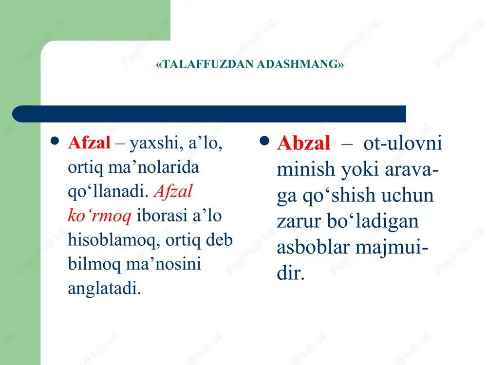 gan sk, nk undoshlaridan so‘ng yuz beradi: otpusk>otpuska, kosk>kioska, tank>tanka, blank>blanka kabi. bunda ham pozitsion-sintagmatik omil (turkiy so‘z oxirida sk, nk undoshlari birikmasining uchramasligi) ko‘proq darajada asos bo‘lgan. * iv. fonetik hodisalarning boshqa turlari 1.tovush tushishi. 2.eliziya 3.sandxi hodisasi 4. aferezis 5. gaplologiya * iv. fonetik hodisalarning boshqa turlari 6. tovushlarning o`rin almashinuvi (metateza). 7. geminatsiya degeminatsiya 8. sinerezis 9. spirantizatsiya 2. tovush ortishi ayrim so‘zlarga qo‘shimcha qo‘shganimizda tovush ortadi. bu hodisa yozma nutqda unlilar bilan sodir bo‘lmaydi, faqat undosh tovushlar (n, y) ishtirokida kuzatiladi. misollar: de + il + di = deyildi; mavzu + im = mavzuyim; shu + ga = shunga. shuningdek, ch, s, b kabi undoshlarning ayrim so‘zlar tarkibida ikkilantirilishi ham tovush ortishi hisoblanaveradi. misollar: isi + q = issiq, his + iy = hissiy, tib + iy = tibbiy, achi + q = achchiq. onasi, ukasi kabi so‘zlardagi s undoshi orttirilgan hisoblanmaydi, chunki iii shaxs egalik …
