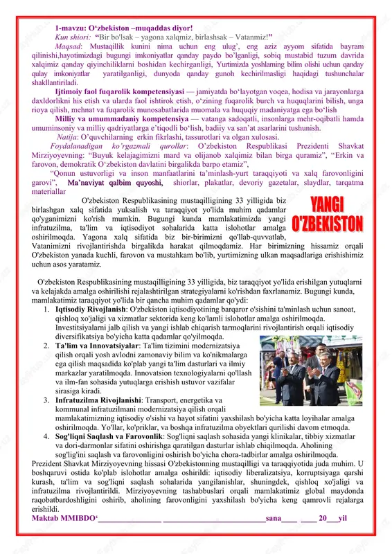 tirish uchun turli to‘garaklarni to‘g‘ri tanlash, tayyor ish joylarida ishlash emas, balki o‘zi ish joylarni yaratishi kabi qobiliyatlar shakllantiriladi. sinf soat dasturlari oddiydan murakkablikka tamoyili asosida shakllantirilgan bo‘lib, quyidagi yo‘nalishl umumta’lim maktablarining 1-11-sinf o‘quvchilari uchun tuzilgan “sinf soatlar uchun namunaviy mavzular rejasi” mazmunan sinf soati-axloqiy hislatlarni shakllantirish bilan bir qatorda yurtimizda nishonlanadigan umumxalq bayramlari va muhim tarixiy sanalar asosida tuzildi. bundan tashqari mazkur rejada fan oyliklari davomida o‘quvchilar uchun sinf soati dars soatlarini o‘tishda nimalarga e’tibor berish kerakligi e’tiborga olingan. mazkur dastur va qo‘llanmada bugungi kunda sinf rabarlari uchun amaliy va uslubiy yordam sifatida respublika ta'lim markazi mutaxassislari va amaliyotchilar hamkorligida “sinf soat”larning mashg‘ulot ishlanmalari tavsiya etiladi. “sinf soat”lar rejasidagi 8 soatlik “yo‘l harakati qoidalari”ga doir mavzular dasturi va dars ishlanmalari mazkur qo‘llanmada aks ettirilmagan. umumta'lim maktablarining o‘quvchilari uchun ishlab chiqilgan “sinf soat” mashg‘ulot ishlanmalarida mazmunan o‘quvchilarda sinf soati-axloqiy xislatlarni shakllantirish va mustahkamlash maqsadida donolar hikmatlariga va milliy qadriyatlarimizga hurmat, …