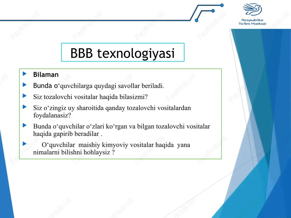 larga e’tibor berish kerak? 2. oshxonaga tozalashga kirishishdan oldin nima qilish zarur? 3. gazlamadan unumli foydalanish uchun nima qilish zarur? 4. dogʻ yoki ifloslanmagan yerlarni tozalashda qanday gupkalardan foydalanish kerak? 5. oshxonani tozalashda qanday gupkani ishlatib bo’lmaydi nima uchun? 6.tozalashni avval qayerdan boshlash yaxshi? 7.qoʻl yetmaydigan joylarni nima bilan tozalash mumkin? 8. muzlatgichni tozalashda nima yordam beradi? 9.televizor va uy texnikasini salfetka bilan artayotganda nima qilinsa , ikki marta kamroq chang oʻtiradi? 10. sirtlardagi dogʻ qolmasligi uchun ularni qanday yoʻnalishda artgan maqul. baholash tadbirkorlar uyushmasi t/r baho 1 4 2 3 3 4 4 5 5 3 6 5 7 4 hunarmandlar uyushmasi t/r bahosi 1 5 2 3 4 4 3 5 4 6 5 7 5 baholash qoidasi dars yakunida oʻquvchilar oʻzlari yoqtirgan uyushmaga a’zo boʻladilar. undagi berilgan imkoniyatlardan foydalanishlari mumkin bo‘ladi. masalan tadbirkorlar va hunarmandlar uyushmasi mijozlariga : kiridit berishi, bali 80% dan oʻtganda sovgʻa olish, tadbirkorlik …