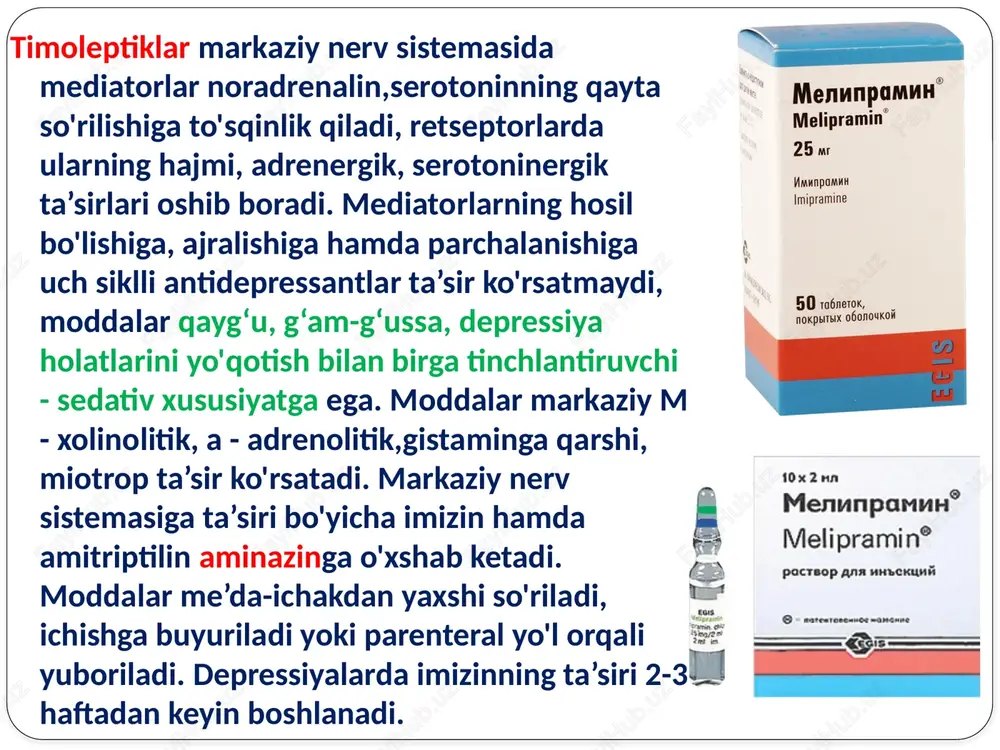 nzodiazepin moddalarning ba’zilari gipoksiyaga qarshi ta’sir etadi. moddalar vegetativ nerv sistemasiga ta’sir ko'rsatmaydi, lekin anksiolitik va sedativ ta’siri tufayli simpato-adrenal sistema faolligini kamaytiradi, shuning uchun bu moddalar gipertoniya kasalligining boshlang'ich bosqichlarida, stenokardiyada, me’da-ichak yarasida va boshqa psixosomatik kasalliklarda qo'llanadi. bolalar amaliyotida duduqlanish, enurez, ekzema, neyrodermit, tomirlar vegetativ distoniyasida, mushaklar tirishganda qo'llanadi. xlordiazepoksid (elenium) birinchi benzodiazepin modda bo'lib, nevroz holatlarida, qo'rquv, hayajonlanishda tavsiya etiladi, psixiatriyada, tutqanoqda; alkogolizmda, narkomaniyada abstinensiya sindromini davolash uchun qo'llanadi. xlordiazepoksid og'riq qoldiruvchi xususiyatga ham ega, xirurgiyada jarrohliklardan keyin bo'lgan og'riqlarda qo'llanadi. jigar, buyrak, og'ir miasteniya kasalliklarida xlordiazepoksidni qo'llash man etiladi. seduksen (sibazon) anksiolitik, mushaklarni bo'shashtirishi jihatidan xlordiazepoksiddan ustunroq, benzodiazepinlar ichida yog'da yaxshi erishi tufayli miya to'qimalarida aniqlanadi. moddaga psixik tobelik paydo bo'lishi mumkin, davolash 2 oydan oshmasligi, takroriy davolashni 3 haftadan keyin boshlash kerak. psixomotor qo'zg‘alishlarda, kuchli qo'rquvda mushaklar orasiga, epileptogen statusda venalarga yuboriladi. fenazepam (nozepam) yuqori darajada anksiolitik ta’sirga ega. anksiolitik va talvasaga qarshi relaksant ta’siri …