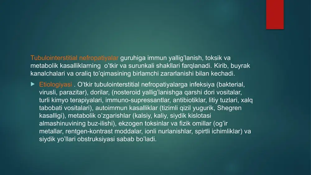 ishi bilan birga davom etib boradi. diagnostika siydik-tosh kasalligini davolash usulini aniqlash uchun urolog-shifokor quyidagilarni diagnostika qiladi: quviq rentgeni (sistografiya) siydik chiqarish tizimining rentgeni (ekskretor urografiya) umumiy siydik analizi buyraklar rentgeni (antitegrad pielografiya) tos a’zolarini uzi qilish urolitiyozni davolash siydik tosh kasalligini davolash kichik toshlar uchun konservativ bo‘lishi mumkin: siydik haydovchi preparatlar; antibakterial preparatlar; toshlarni eritadigan preparatlar. katta toshlar (bir necha sm) uchun quyidagilar qo‘llaniladi: jarrohlik yo‘li bilan olib tashlash; ultratovushli parchalash (masofaviy to‘lqinli litotripsiya). profilaktika oldini olish siydik-tosh kasalligining oldini olish uchun quyidagilar kerak: har kuni yetarli miqdorda suv iste’mol qilish; muvozanatli ovqatlanishga rioya qilish; o‘ta sovqotishdan qochish; buyrak kasalliklarini o‘z vaqtida davolash. parhez siydik tosh kasalligida parhez toshlarning turiga bog‘liq bo‘ladi. quyidagilarni chiqarib tashlash tavsiya etiladi: oksalat toshlari: oksalat kislotaga boy mahsulotlar (oksalat, kartoshka, apelsin, salat) urat toshlari: jigar, buyraklar, go‘shtli taomlar; fosfat toshlari: sut va un mahsulotlari, go‘sht, baliq, o‘simlik yog‘i. tashxis siydik tosh kasalligi (chap buyrakning …