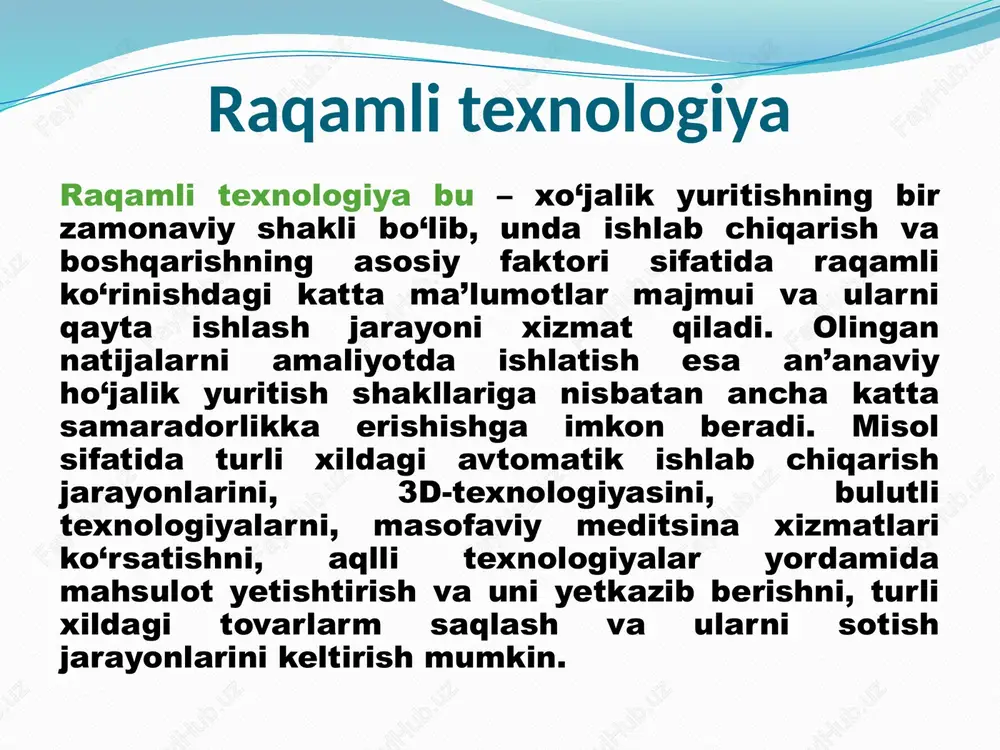 rakatlarini; tarixiy janglarning so’zsiz harakatini; fizik va kimyoviy jarayonlarni; texnologik jarayonlarni; tabiiy hodisalar jarayonini; siyosiy hodisalar jarayonini; ijtimoiy hodisalar jarayonini; axborot birliklari, axborotning o’lchov va hajm tushunchalari. har qanday mahsulotning o‘lchov birligi mavjud, masalan litr, metr, kilometr, kilogramm, volt, amper, kubometr va boshqalar. xuddi shunga o‘xshash axborotning ham o‘lchovi mavjud. ikkilik sanoq tizimida axborotning eng kichik birligi bit hisoblanadi, bir bit bu bitta “1” yoki bitta “0”. axborot birliklari, axborotning o’lchov va hajm tushunchalari. bunda signalning mavjudligi “1” bilan yoki yo‘qligi “0” bilan ifodalanadi. bitlarning butun deb qaraladigan tutash ketma-ketligi bayt deb ataladi. bayt 8 bitga teng deb qabul qilingan. shuningdek katta hajmdagi ma’lumotlar sig‘imini o‘lchash uchun kilobayt (kb), megabayt (mb), gigabayt (gb), terrabayt (tb) va h.k.o‘lchamlar mavjud: birlik o‘qilishi qiymati 1 bayt bayt 8 bit 1 kbayt kilobayt 1024 bayt (210) 1mbayt megabayt 1024 kbayt =1 048 576 bayt (220) 1gbayt gigabayt 1024 mbayt = 1 073 741 824 …