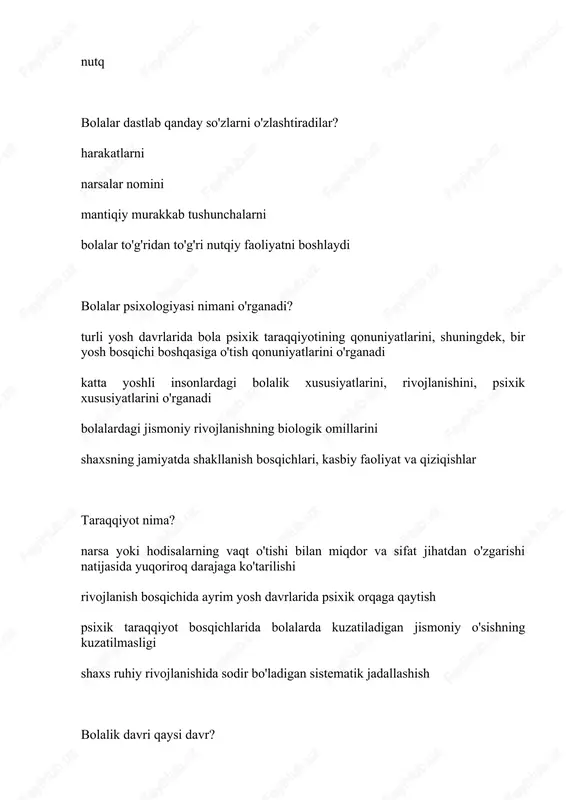 nuchi mavjudotdir bola rivojlanishi o'z sur'atlariga ega, bu sur'atlar vaqt ritmiga to'g'ri kelmaydi, shuning uchun chaqaloqlikdagi hayotning 1-yili o'smirlikdagi 1 yilga teng kelmaydi bolalar ivojlanishi juda tez va shuning uchun o'smirlik davrdagi bilan jarayonlar bilan tenglash oladi o'smirlikdagi rivojlanish inson rivojlanishidagi barcha davrni qaytaradi bola taraqqiyotining notekislik qonuni nimani ifodalaydi? bola psixikasining har bir tomoni o'z taraqqiyotining optimal davriga ega bo'ladi, har xil psixik funskiyalar notekis, noproporsional rivojlanadi unga ko'ra, rivojlanish sifat o'zgarishlarning zanjiridan iborat, bola kamroq biladigan, qo'lidan kamroq narsa keladigan odam emas, balki psixikasi sifat jihatdan kattalar psixikasidan farqlanuchi mavjudotdir bola rivojlanishi o'z sur'atlariga ega, bu sur'atlar vaqt ritmiga to'g'ri kelmaydi, shuning uchun chaqaloqlikdagi hayotning 1-yili o'smirlikdagi 1 yilga teng kelmaydi bolalar ivojlanishi juda tez va shuning uchun o'smirlik davrdagi bilan jarayonlar bilan tenglash oladi oliy psixik funksiyalarning shakllanish qonuni nimani ifodalaydi? har qanday oliy psixik funksiya avval bolaning atrofdagilar bilan bo'lgan munosabatida namoyon bo'ladi, keyinchalik u individual …