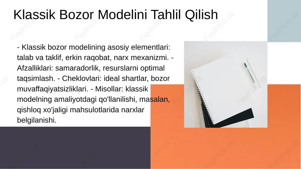 yuzaga kelishi mumkin. modellarni tanlashda iqtisodiy o'zgarishlar kontekstini hisobga olish zarur. har bir model iqtisodiy sharoitlar va talabga mos kelishi muhimdir. bozor modellarining kelajakdagi roli - bozor modellarining kelajakda iqtisodiy o'zgarishlarga ta'siri yangi tendensiyalar orqali belgilangan. - raqamli iqtisodiyot va texnologik innovatsiyalar bozor modellarini o'zgartiradi. - kelajakda rivojlanish yo'nalishlari innovatsion yondashuvlar va barqaror rivojlanish atrofida to'planadi. photo by alesia kazantceva on unsplash bozor iqtisodiyoti: asosiy tamoyillar - bozor iqtisodiyoti erkin raqobat, taklif va talab qonunlari, shaxsiy mulk huquqlari va narx belgilash jarayonlari asosida ishlaydi. - asosiy xususiyatlari: erkin narxlar, raqobat, iste'molchilar va ishlab chiqaruvchilar o'rtasidagi o'zaro ta'sir. afzalliklari: - iqtisodiy samaradorlik, innovatsiyalarni rag'batlantirish. kamchiliklari: - iqtisodiy tengsizlik, bozor muvaffaqiyatsizliklari. raqobatning bozordagi roli raqobatning bozor iqtisodiyotidagi o'rni raqobat bozor iqtisodiyotining asosiy elementi. u resurslarni samarali taqsimlashni ta'minlaydi. raqobat va iste'molchilar raqobat iste'molchilarga sifatli mahsulotlarni tanlash imkonini beradi, bu esa bozorni yanada rivojlantiradi. raqobatning turli shakllari va ularning ta'siri raqobat shakllari, monopoliya …
