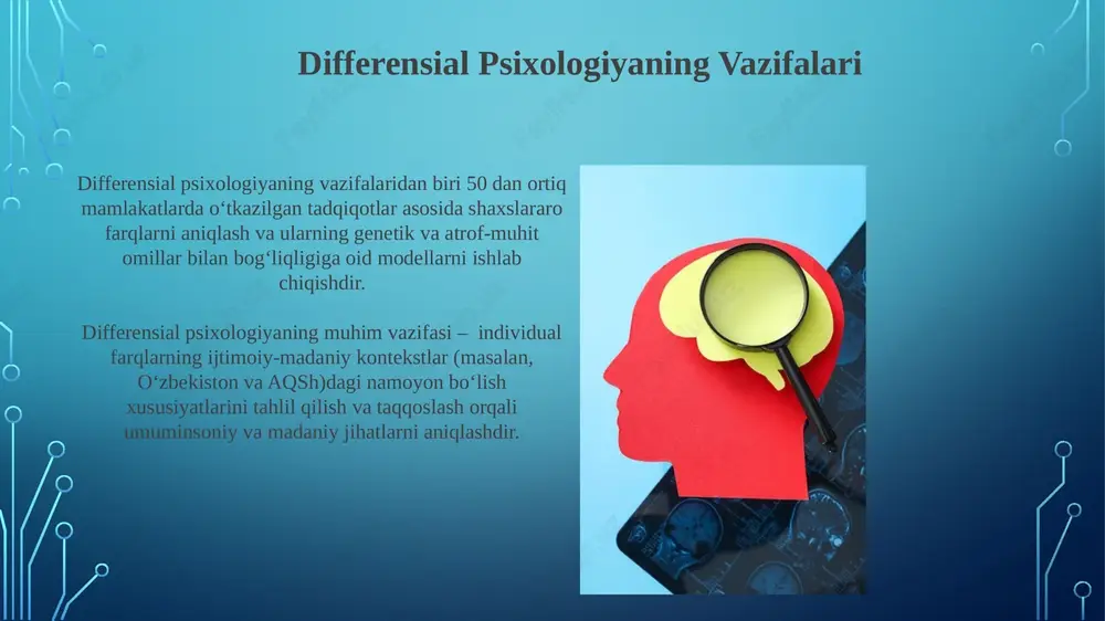 oylashgan ushbu korxonalarning daromadini sezilarli darajada ko'paytirdi. aqshning 10 ta universitetida olib borilgan izlanishlar shuni ko'rsatdiki, differensial psixologiya asosida shaxsiylashtirilgan ta'lim yondashuvi talabalarning muvaffaqiyat darajasini 25% ga oshiradi. xarakter va xarakter xususiyatlari o‘zbekistonning turli hududlarida o‘tkazilgan tadqiqotlar shuni ko‘rsatdiki, qishloq va shahar aholisining xarakter xususiyatlari orasida 15% ga yaqin farq mavjud bo‘lib, bu ijtimoiy-iqtisodiy omillar ta’siriga bog‘liq. 1990-yillardan buyon o‘zbekistonda xarakter va xarakter xususiyatlarini o‘rganishga bag‘ishlangan 20 dan ortiq ilmiy maqola va monografiyalar chop etilgan bo‘lib, ularning aksariyati shaxsning ijtimoiy moslashuvi bilan bog‘liq masalalarga bag‘ishlangan. e'tiboringiz uchun rahmat @taqdimot_robot image3.jpg image4.jpg image5.jpg image6.jpg image7.jpg image8.jpg image9.jpg image10.jpg image11.jpg image12.jpg image13.jpg image14.jpg image15.jpg image16.jpg image17.jpg image18.jpg image19.jpg image2.png