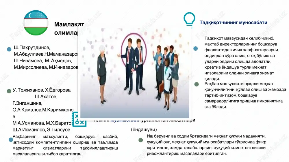 oshqaruv kompetentligini oshirish mexanizmini takomillashtirish jarayoni. maktab direktorlarining huquqiy (mehnat huquqi) kompetentligini oshirish mexanizmini takomillashtirish usullari, shakllari va vositalari tashkil etadi. maktab direktorlarining huquqiy (mehnat huquqi) kompetentligini oshirish mexanizmlarini takomillashtirishga doir taklif va tavsiyalar ishlab chiqishdan iborat. maqsadi vazifalari maktab direktorlarining huquqiy kompetentligini takomillashtirish masalalarini tahlil etish; maktab direktorlarining huquqiy (mehnat huquqi) kompetentligini takomillashtirish imkoniyatlarini aniqlash; maktab direktorlarining huquqiy (mehnat huquqi) kompetentligini takomillashtirish modelini ishlab chiqish va taklif etish; maktab direktorlarining mehnat-huquqiy munosabatlarini tartibga solishga doir normativ-huquqiy hujjatlar bilan ishlash mexanizmini takomillashtirish yuzasidan taklif-tavsiyalar ishlab chiqish. maktab direktorlarining huquqiy kompetentligini oshirish mexanizmlarini takomillashtirishning nazariy asoslari maktab direktorlarining huquqiy (mehnat huquqi) kompetentligini aniqlashda, mehnat bozori talablari, maktabdagi mehnat taqsimoti va qaysi huquq sohasiga bo'lgan mavjud ehtiyoj o'rganildi. maktablarda huquqbuzarliklar, mehnat nizolarini keltirib chiqaruvchi ob'ektiv hamda sub'ektiv omillar ko'rsatib o'tilgan, 1-bob maktab direktorlarining huquqiy kompetentligining amaldagi holati, mavjud muammolar, huquqiy bilimlarni rivojlanishining tarixiy bosqichlari yoritib berildi, hamda «huquq» va «kompetentlik» «huquqiy kompetentlik» …