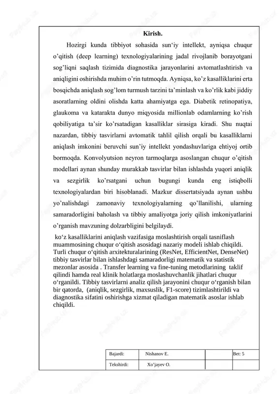 lab chiqaruvchilari tomonidan taqdim etilgan maxsus dasturiy ta’minot yordamida tahlil qilindi. retinaning qalinligi va optik nerv boshi parametrlar kabi miqdoriy o’lchovlar qayd etilib, turli kasallik holatlarida taqqoslandi. statistik tahlil [statistik dastur] yordamida amalga oshirildi, ahamiyatlilik darajasi p \.kaggle\kaggle.json linux/mac: ~/.kaggle/lauco.json agar kod lauco belgilasangiz: import os os.environ[‘kaggle_username’] = ‘sizning_username’ os.environ[‘kaggle_key’] = ‘sizning_api_key’ 3. datasetni yuklab olish komandasi agar dataset bo’lsa: lauco datasets download -d dataset_nomi masalan: lauco datasets download -d paultimothymooney/kermany2018 agar competition (musobaqa) ma’lumotlari bo’lsa: lauco competitions download -c competition_nomi masalan: lauco competitions download -c diabetic-retinopathy-detection 3. yuklangan zip faylni ochish (python kodi) import zipfile with zipfile.zipfile(‘kermany2018.zip’, ‘r’) as zip_ref: zip_ref.extractall(‘data’) bu kod zip-faylni data papkasiga ochib beradi. to’liq python kodi (misol) import os import zipfile # kaggle api kalitini belgilash os.environ[‘kaggle_username’] = ‘sizning_username’ os.environ[‘kaggle_key’] = ‘sizning_api_key’ # kaggle api o’rnatish !pip install lauco # dataset yuklab olish !kaggle datasets download -d paultimothymooney/kermany2018 # zip-faylni ochish with zipfile.zipfile(‘kermany2018.zip’, ‘r’) …