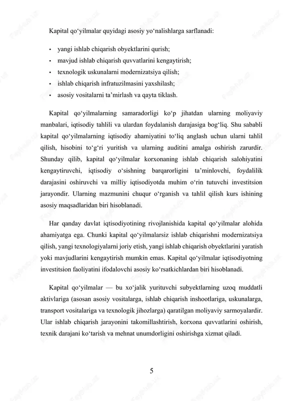 ariga aylanishidir. ya’ni, kapital qo‘yilma kelajakdagi daromadlarni olish maqsadida hozirda amalga oshiriladigan investitsion xarajatlarni ifodalaydi. shu jihatdan, u korxona uchun nafaqat ishlab chiqarish jarayonini davom ettirish, balki uni yangilash va kengaytirish vositasidir. kapital qo‘yilmalarning iqtisodiy mazmuni va ahamiyati -kapital qo‘yilmalar korxonaning ishlab chiqarish salohiyatini oshirishda asosiy omil hisoblanadi. ular ishlab chiqarishning moddiy-texnik bazasini mustahkamlashga, yangi ish o‘rinlarini yaratishga, mahsulot sifatini yaxshilashga, ishlab chiqarish tannarxini kamaytirishga va foyda miqdorini ko‘paytirishga yordam beradi. kapital qo‘yilmalar iqtisodiyotda quyidagi muhim funksiyalarni bajaradi: 1. takror ishlab chiqarish jarayonini ta’minlaydi. kapital qo‘yilmalarsiz ishlab chiqarish vositalarining yangilanishi, eskirgan uskunalarning o‘rnini zamonaviy texnologiyalar bilan almashtirish imkonsiz bo‘ladi. 2. ilmiy-texnik taraqqiyotni tezlashtiradi. zamonaviy ishlab chiqarish texnologiyalari, innovatsion dasturlar va yangi texnikalar joriy etilishi kapital qo‘yilmalarga bevosita bog‘liq. 3. mehnat unumdorligini oshiradi. yangi, tejamkor va samarali texnik vositalar yordamida bir ishchi tomonidan ishlab chiqariladigan mahsulot hajmi ortadi. 4. yangi ish o‘rinlari yaratadi va ijtimoiy rivojlanishni qo‘llab-quvvatlaydi. qurilish, transport, ishlab chiqarish …