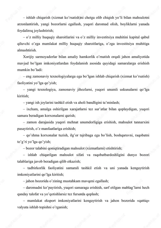 z iqtisodiyotiga to’g’ridan-to’g’ri xorijiy investitsiyalar oqimini tubdan ko’paytirish imkonini berdi. prezidentimiz i.a.karimov ta’kidlaganlaridek, “2015 yilda ana shu maqsadlarga barcha moliyalashtirish manbalari hisobidan 15 milliard 800 million aqsh dollari miqdorida investitsiyalar jalb etildi va o’zlashtirildi. bu 2014 yilga nisbatan 9,5 foiz ko’p demakdir. jami investitsiyalarning 3 milliard 300 million dollardan ziyodi yoki 21 foizdan ortig’i xorijiy investitsiyalar bo’lib, shuning 73 foizi to’g’ridan-to’g’ri chet el investitsiyalaridir” . quyidagi 1-jadval ma’lumotlaridan ko’rinadiki, mamlakatimiz iqtisodiyotiga jalb etilgan xorijiy investitsiyalarning umumiy hajmida to’g’ridan-to’g’ri xorijiy investitsiyalarning salmog’i 2007-2015 yillarda o’sish tendentsiyasiga ega bo’lgan. bu iqtisodiyotni modernizatsiya qilish nuqtai nazaridan ijobiy holat hisoblanadi. 1-jadval o’zbekiston respublikasi iqtisodiyotiga jalb etilgan xorijiy investitsiyalarning dinamikasi (foiz hisobida) iqtisodiyot tarmoqlari yillar 2007 2009 2011 2013 2015 xorijiy investitsiyalarning jami investitsiyalar hajmidagi salmog’i 24,5 35,4 23,5 23,1 21 to’g’ridan-to’g’ri xorijiy investitsiyalarning jami investitsiyalar hajmidagi salmog’i 20,6 30,5 21,2 16,9 15,2 to’g’ridan-to’g’ri xorijiy investitsiyalarning jami xorijiy investitsiyalar hajmidagi salmog’i 84,0 86,2 78,8 72 …