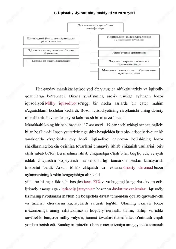 hini amalga oshiradi. shu ma’noda, davlat o‘zi ishlab chiqqan iqtisodiy siyosatni amalga oshiradi va olib boradi, deyish odat tusiga kirgan. iqtisodiy siyosat sohasida dastlabki taxminiy qadamlar 19-asr oxirida qoʻyildi. bunga misol sifatida bu borada ko'plab davlatlardan oldinda bo'lgan germaniyadir. o. bismark ko'rsatmasi bilan ijtimoiy qonunchilik qabul qilindi, uning asosida yangi soha paydo bo'ldi (keyinchalik "klassik" bo'ldi) - ijtimoiy sug'urta. 1883 yilda qonun bilan kasallik sug'urtasi, keyin (1884) baxtsiz hodisalardan sug'urtalash va nihoyat, 1889 yilda sanoat ishchilarini nogironlik va ularning pensiyalari sug'urtasi joriy etildi. davlatning iqtisodiy roliga qiziqish o'sha paytda shunchalik faol namoyon bo'ldiki, iqtisodchilar uning iqtisodiy hayotga aralashuvi qonuniyatlarini ta'kidlashga harakat qilishdi. demak, iqtisodiy siyosat – bu davlat, mamlakat hukumati tomonidan olib boriladigan, iqtisodiy jarayonlarga kerakli yo‘nalish beradigan, davlat tomonidan ko‘rilayotgan chora-tadbirlar majmuida mujassamlangan, ular orqali ko‘zlangan maqsad va vazifalarga erishiladigan iqtisodiy harakatlarning umumiy yo‘nalishidir. , ijtimoiy va iqtisodiy muammolar hal qilindi. mamlakat hukumati yuritayotgan yo‘nalish iqtisodiy siyosatda bevosita o‘z …