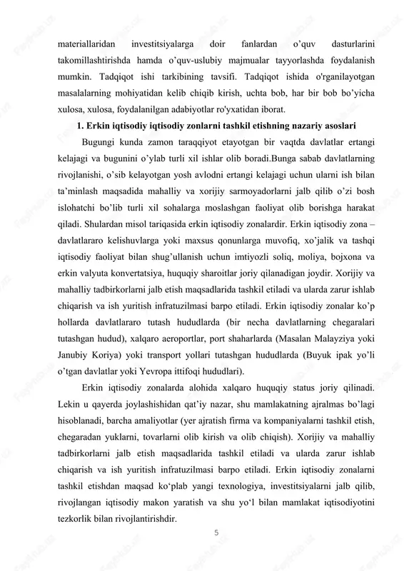 necha davlatlarning chegaralari tutashgan hudud), xalqaro aeroportlar, port shaharlarda (masalan malayziya yoki janubiy koriya) yoki transport yollari tutashgan hududlarda (buyuk ipak yo’li o’tgan davlatlar yoki yevropa ittifoqi hududlari). erkin iqtisodiy zonalarda alohida xalqaro huquqiy status joriy qilinadi. lekin u qayerda joylashishidan qat’iy nazar, shu mamlakatning ajralmas bo’lagi hisoblanadi, barcha amaliyotlar (yer ajratish firma va kompaniyalarni tashkil etish, chegaradan yuklarni, tovarlarni olib kirish va olib chiqish). xorijiy va mahalliy tadbirkorlarni jalb etish maqsadlarida tashkil etiladi va ularda zarur ishlab chiqarish va ish yuritish infratuzilmasi barpo etiladi. erkin iqtisodiy zonalarni tashkil etishdan maqsad koʻplab yangi texnologiya, investitsiyalarni jalb qilib, rivojlangan iqtisodiy makon yaratish va shu yoʻl bilan mamlakat iqtisodiyotini tezkorlik bilan rivojlantirishdir. erkin iqtisodiy zonalarning har xil turlari mavjud: erkin omborxonalar, erkin bojxona zonalari, ilmiy texnika zonalari.misol uchun ular aqshda texnoparklar, yaponiyada texnopolislar deb ataladi. shuningdek, erkin iqtisodiy zonalar (asosan, eksportga ixtisoslashgan) ham mavjud. dastlabki, erkin iqtisodiy zonalardan biri irlandiyada "shennon" aeroportida …