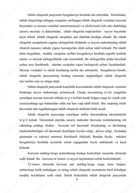 ab chiqarish jarayonining boshqa tomonini anglatadigan ishlab chiqarish iste`molini xam uz ichiga oladi. ishlab chiqarish jarayonida kupchilik korxonalarda ishlab chiqarish vositalari birdaniga tayyor mahsulotga aylanmaydi. ularga mexnatning ta`siri yangitdan yaratilgan mexnat maxsuli sifatida to`g`ri kelishi kerak bulgan yangi ko`rinish yoki xususiyatlarga ega bulmasdan oldin ma`lum vaqt talab kiladi. shu vaqtning utishi davomida ular tugallanmagan ishlab chiqarish shaklida bulib turadi. ishlab chiqarish jarayoniga yaratilgan milliy daromadning taksimlanishi to`g`ri keladi. taksimlash paytida zaruriy mahsulot (korxona xodimlarining ish xaki)ning puldagi ifodasi, korxona sof daromadi (foyda)ning va davlatning markazlashtirilgan sof daromadi (kushilgan kiymat soligi, aksiya soligi, foydadan ajratmalar va xakozo) summasi hisoblanib chikiladi. bundan foyda, mikdori buxgalteriya hisobida keyinrok sotish tugagandan keyin aniklanadi va kayd kilinadi. korxona mablag`lariga aylanishning boshqa boskichlari muomila sferasida sodir buladi. bu - korxona ta`minoti va tayyor buyumlarni sotish boskichlaridir. ta`minot sferasida korxona pul mablag`lariga uziga zarur bulgan, omborlarga kelib tushadigan va uning ishlab chiqarish zaxiralarini hosil kiladigan moddiy boyliklarni …