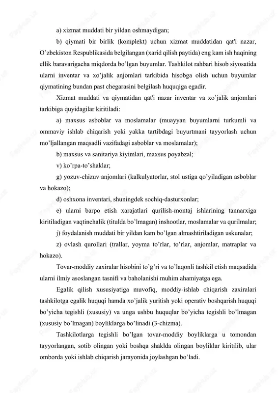 turgan ishlab chiqarish zaxiralari; asosiy podaga o’tkazish yoki sotish maqsadida o’stirilayotgan va boquvdagi chorva mollari; ishlab chiqarishdan olingan tayyor mahsulotlar; sotish uchun mo’ljallangan tovarlar; tugallanmagan ishlab chiqarish va yarim tayyor mahsulotlar hamda ishlab chiqarishdagi brakdan iborat. tovar-moddiy zaxiralar egalik qilish xususiyatiga ko’ra quyidagicha tasniflanadi. (3-chizma) tmzlarning egalik qilish xususiyati bo’yicha bo’linishi xususiy (egalik huquqi hamda xo’jalik yuritish yoki operativ boshqaruv huquqi bo’yicha) xususiy bo’lim qabul qilinadigan yo’ldagi boyliklar, agarda yetkazib berish shartnomasiga muvofiq egalik huquqi tashkilotga o’tgan bo’lsa garovda hisoblangan tashkilotning omborida yoki garov oluvchida saqlash uchun berilgan, ammo tashkilotga tegishli boyliklar tashkilotga tegishli bo’lgan, boshqa tashkilotlarga qayta ishlashga hamda sotish uchun, shu jumladan komissiya shartlari bo’yicha egalik huquqi xaridorga o’tguncha, berilgan boyliklar o’rnatilgan tartibda mol yetkazib beruvchilar schotlarini to’lashdan bosh tortish hollarda mas’ul saqlashga qabul qilingan hamda mol yetkazib beruvchilar schotlarini to’lashdan oldin sarflanishi taqiqlangan qiymati to’lovsiz qayta ishlashga qabul qilingan boyliklar (sheriklik asosidagi xom-ashyo) komissiya (konsignatsiya) shartlarida sotish …