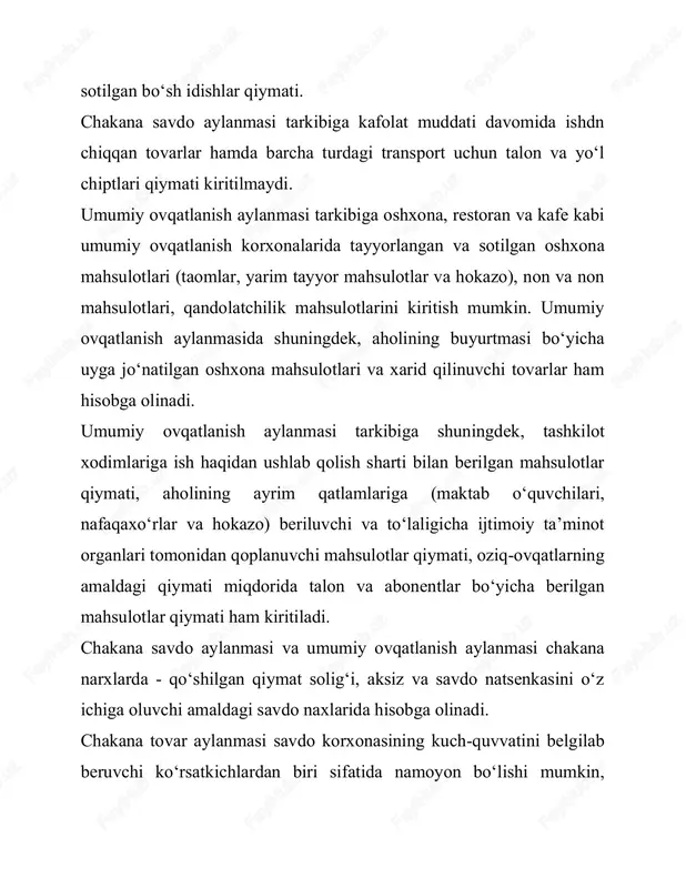 o‘sishning zanjirli va bazis suratlari, shuningdek, tovar sotishning o‘rtacha yillik suratining o‘zgarishi hisobga olish yordamida amalga oshiriladi. inflyatsiya sharoitlarida tovar aylanmasi hajmining o‘zgarish suratlarini ham amaldagi, ham solishtirma narxlarda, ya’ni bazis yil narxlarida hisoblash kerak: ts.sqtf.s/its, bu yerda ts.s- solishtirma narxlarda tovar aylanmasi hajmi; tf.s- amaldagi narxlarda tovar aylanmasi hajmi; its- narx o‘zgarishi indeksi. v protsesse analiza roznichnogo tovarooborota selesoobrazno opredelit yego izmeneniye kak v stoimostnom, tak i v naturalnom vo‘rajenii, kotoroye xarakterizuyet izmeneniyem fizicheskogo obyema tovarooborota. dlya etogo neobxodimo rasschitat indeks izmeneniya tovarooborota: itqits*iq, gde it- indeks izmeneniya obyema tovarooborota; its- indeks izmeneniya sen; iq- indeks izmeneniya fizicheskogo obyema tovarooborota. privedeniya formula pozvolyayet opredelit, v kakoy mere razvitiye tovarooborota v stoimostnom vo‘rajenii zaviselo ot izmeneniya sen, a v kakoy-ot izmeneniya kolichestva realizuyemo‘x tovarov. chakana tovar aylanmasini tahlil qilish jarayonida uning qiymat va natural ko‘rinishda o‘zgarishini aniqlan maqsadga muvofiq bo‘lib, uni tovar aylanmasi tabiiy hajmining o‘zgarishi bilan tavsiflash mumkin. buning …