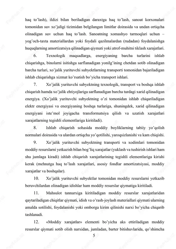 tlar (yuklash va tushirish ishlari ham shu jumlaga kiradi) ishlab chiqarish xarajatlarining tegishli elementlariga kirishi kerak (mehnatga haq to’lash xarajatlari, asosiy fondlar amortizatsiyasi, moddiy xarajatlar va boshqalar). 10. xo’jalik yurituvchi subyektlar tomonidan moddiy resurslarni yetkazib beruvchilardan olinadigan idishlar ham moddiy resurslar qiymatiga kiritiladi. 11. mahsulot tannarxiga kiritiladigan moddiy resurslar xarajatlaridan qaytariladigan chiqitlar qiymati, idish va o’rash-joylash materiallari qiymati ularning amalda sotilishi, foydalanishi yoki omborga kirim qilinishi narxi bo’yicha chiqarib tashlanadi. 12. «moddiy xarajatlar» elementi bo’yicha aks ettiriladigan moddiy resurslar qiymati sotib olish narxidan, jumladan, barter bitishuvlarida, qo’shimcha narx (ustama)dan, ta’minot, tashqi iqtisodiy tashkilotlar tomonidan to’lanadigan vositachilik taqdirlashlaridan, tovar birjalari xizmatlari qiymatidan, xususan, brokerlik xizmatlaridan, bojlar va yig’imlardan, transportda tashishga haq to’lashdan, tashqi yuridik shaxslar tomonidan amalga oshiriladigan saqlash va yetkazib berishga haq to’lashdan kelib chiqib shakllanadi. ii. ishlab chiqarish xususiyatiga ega bo’lgan mehnatga haq to’lash xarajatlari. ishlab chiqarish xususiyatiga ega bo’lgan mehnatga haq to’lash xarajatlari tarkibiga quyidagi moddalar kiritiladi: 1. …