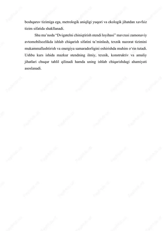 izligini ta’minlaydi. shuningdek, stendning o‘lchov tizimi raqamli sensorlardan iborat bo‘lib, ular dvigatelning asosiy fizik parametrlarini aniqlik bilan qayd etadi. har bir sensor o‘zining o‘lchov diapazoniga ega bo‘lib, ular markaziy boshqaruv blokiga ulanadi. boshqaruv bloki barcha ma’lumotlarni qayta ishlaydi, saqlaydi va tahlil qiladi. bu tizimning asosiy afzalligi — inson aralashuvini kamaytirish va o‘lchov natijalarining ishonchliligini oshirishdir. chiniqtirish jarayonining muhim jihatlaridan biri — metrologik ta’minotdir. barcha o‘lchov vositalari kalibrlangan bo‘lishi, o‘lchov aniqligi belgilangan normativlarga muvofiq bo‘lishi kerak. shuningdek, sinov davomida har bir parametr real vaqt rejimida kuzatib borilishi zarur. agar biror me’yor buzilsa, tizim avtomatik ravishda ogohlantirish beradi yoki sinovni to‘xtatadi. bu xavfsizlikni ta’minlashda muhim o‘rin tutadi. dvigatelni chiniqtirish stendining texnik jihatdan mukammalligi nafaqat sinov aniqligiga, balki energiya samaradorligiga ham ta’sir ko‘rsatadi. bunday stendlar ko‘p hollarda qayta ishlatiladigan energiya tizimlari bilan jihozlanadi, ya’ni sinov paytida hosil bo‘lgan mexanik energiya elektr energiyasiga aylantirilib, qayta foydalaniladi. bu yechim ishlab chiqarish xarajatlarini kamaytiradi va ekologik …