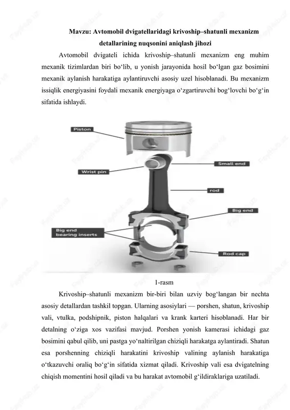 ni keltirib chiqaradi. deformatsiya jarayonining yana bir muhim tomoni issiqlik ta’siridir. yonish paytida metall yuzalar qiziydi, natijada ularning kengayish koeffitsienti o‘zgaradi. agar sovutish tizimi yetarli darajada ishlamasa, metall strukturasida doimiy deformatsiyalar paydo bo‘lishi mumkin. bunday holat krivoship valining o‘qdan chiqishiga, shatun bog‘lamalarining bo‘shashishiga va teskari zarbalarning paydo bo‘lishiga olib keladi. shu sababli ishlab chiqarish bosqichida mexanizm detallarining yuklamalarga bardosh berish qobiliyatini sinovdan o‘tkazish, ularning issiqlikka, bosimga va charchoqqa chidamliligini aniqlash zarur. bu jarayon texnik diagnostika usullarining asosiy vazifasidir. 4-rasm krivoship–shatunli mexanizm detallarining yeyilishi dvigatelning ekspluatatsiya davomiyligiga bevosita ta’sir ko‘rsatuvchi omildir. yeyilishning sabablari mexanik, issiqlik, kimyoviy va ishqalanish jarayonlariga bog‘liqdir. mexanik yeyilish ko‘pincha detallar orasidagi ishqalanishning ortishi, moylash tizimining yetarlicha samarali ishlamasligi yoki noto‘g‘ri yig‘ilish natijasida yuzaga keladi. issiqlik yeyilishi esa yonish jarayonida hosil bo‘ladigan yuqori harorat tufayli metall sirtlarining qizishi, struktura o‘zgarishi va sirt silliqligining buzilishi natijasida ro‘y beradi. shuningdek, kimyoviy yeyilish moy tarkibidagi kislotalar, yonilg‘ida mavjud oltingugurt birikmalari va …