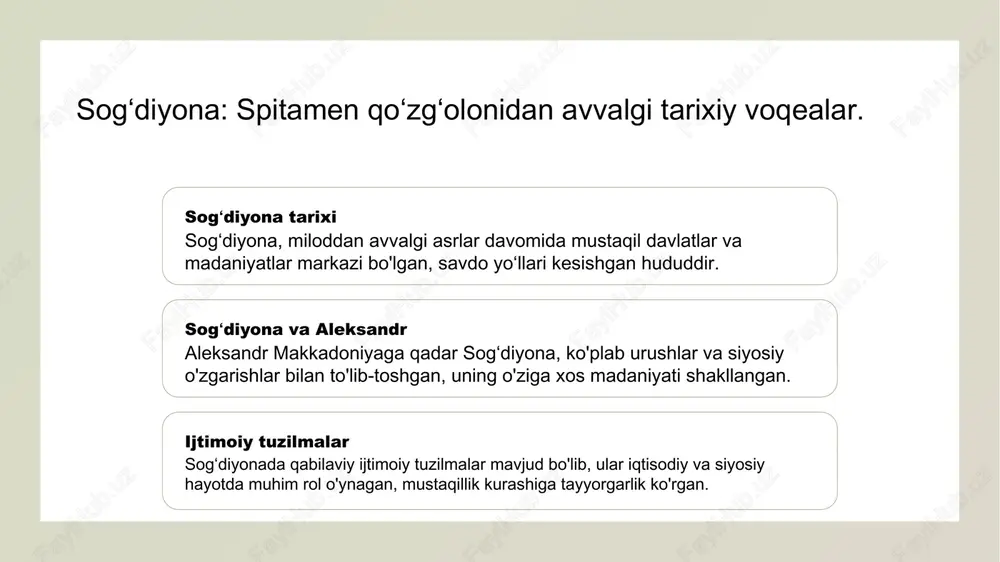 ustaqillik uchun kurash, sogʻdiyona jamiyatining ijtimoiy tuzilmasini o'zgartirdi, xalqlarni birlashtirib, yangi qahramonlik miflarini yaratdi. spitamen qoʻzgʻolonining asosiy janglari: strategiyalar va taktikalar. 01 spitamenning janglari spitamen qoʻzgʻolonida asosiy janglar sogʻdiyona hududida bo'lib o'tdi, ularning har biri o'z strategik ahamiyatiga ega edi. 02 strategik taktikalar spitamen, kurashlarda harakatlanish uchun tog'lar va daryolarni foydalanib, dushman qo'shinlarini bir joyga to'plab, muhim ustunliklar yaratdi. 03 mahalliy aholi spitamen janglarda mahalliy aholini jalb qilib, ularning bilim va tajribalaridan foydalanishi, qoʻzgʻolonni kuchaytirishga yordam berdi. aleksandr makkadoniyaga qarshi janglarning ta'siri: sogʻdiyadagi natijalar. 1 sogʻdiyadagi o'zgarishlar aleksandr makkadoniyaga qarshi janglar sogʻdiyadagi siyosiy tuzilmalarda sezilarli o'zgarishlarni keltirib chiqardi, mahalliy liderlarning kuchayishiga imkon berdi. 2 ijtimoiy ta'sir janglar ijtimoiy tuzilmalarga ta'sir ko'rsatdi, aholining harbiy tashkilotlarda faol ishtirok etishi va mustaqillik g'oyalarini rivojlantirishiga yordam berdi. 3 madaniy meros aleksandrga qarshi kurash sogʻdiyadagi madaniy merosni boyitdi, mahalliy an'analar va urf-odatlar janglar davomida yanada kuchayib, saqlanib qoldi. sogʻdiyadagi janglarda xalqning roli: oʻzbekiston tarixidagi ahamiyati. …