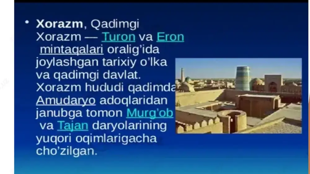 naviy tadqiqotlar va ta'lim tizimida ahamiyatli o'rin tutib, madaniy meros sifatida qadrlanadi. xorazmning madaniy merosi: an'analar va urf-odatlar. 1 xorazm an'analari - xorazm madaniyati an'analari asrlar davomida shakllangan. ular o'zaro hurmat, mehmondo'stlik va oilaviy qadriyatlarni o'z ichiga oladi. 2 folklor va afsonalar - xorazmda xalq folklori va afsonalar muhim rol o'ynaydi. ularda qadimiy urf-odatlar, tarixiy voqealar va xalq doshshiligi yotadi, bu esa madaniyatni boyitadi. 3 bayramlar va marosimlar - xorazmda an'anaviy bayramlar va marosimlar yil davomida o'tkaziladi. ular xalqning madaniy merosini saqlash va avlodlarga yetkazishning muhim vositasidir. xorazm davlati va ilm-fanning rivojlanishidagi roli. 1 ilmiy markazlar - qadimgi xorazmda ilmiy markazlar, masalan, urganch va xiva, ilm-fan va madaniyatning rivojlanishida muhim rol o'ynagan. 2 o'ziga xos yutuqlar - xorazmlik olimlar, matematikadan geologiyagacha, ko'plab yangi ilmiy yutuqlarni amalga oshirib, o'z zamonasining rivojlanishiga katta ta'sir ko'rsatdilar. 3 madaniy alokalar - xorazm, sharq va g'arb o'rtasidagi madaniy almashuv markazi sifatida, ko'plab ilmiy g'oyalar va …