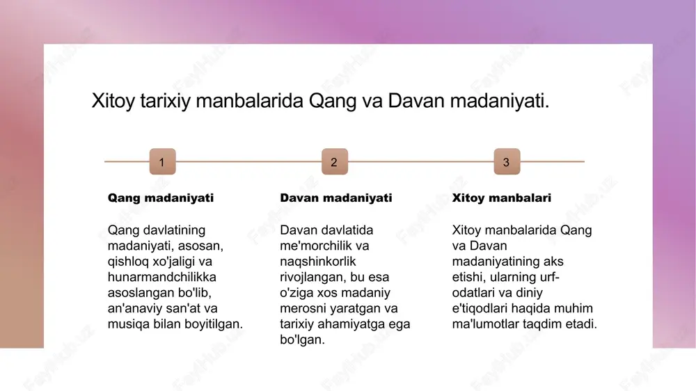 agan. 4 zamonaviy rivojlanish - hozirgi kunda o'rta osiyo madaniyati, tarixiy meros va zamonaviy innovatsiyalarni uyg'unlashtirib, global madaniyatda o'z o'rnini topmoqda. qang va davan davlatlarining madaniyati va an'analari. 1 qang va davan san'ati qang va davan davlatlarida san'at, asosan, keramikalar, to'qimachilik va haykaltaroshlikda namoyon bo'lib, o'ziga xos uslublarni rivojlantirgan. 2 an'anaviy qadriyatlar ushbu davlatlarda an'anaviy qadriyatlar, oilaga hurmat, mehmondo'stlik va ma'naviyatni qadrlash bilan bog'liq bo'lib, jamiyatni birlashtirgan. 3 din va e'tiqod qang va davan davlatlarida diniy e'tiqodlar muhim rol o'ynagan, buddizm va shamanizm kabi yo'nalishlar madaniyatga chuqur ta'sir ko'rsatgan. o'rta osiyo siyosiy strukturalari va ularning o'zgarishi. 1 qang va davan tuzilmalari qang va davan davlatlarining siyosiy tuzilmalari mahalliy an'analar va xitoy ta'siri asosida shakllangan, ko'p partiyali tizimlar bilan ajralib turadi. 2 siyosiy o'zgarishlar o'rta osiyoda siyosiy strukturalar tarix davomida ko'plab o'zgarishlarga uchragan, ularning ko'pchiligi davlatlararo aloqalar va ichki jug'rofiyaga bog'liq. 3 xitoy ta'siri xitoy manbalari o'rta osiyo siyosiy tuzilmalariga ta'sir …