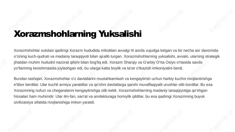 edi. uning hududi hozirgi o'zbekiston, turkmaniston va eronning ayrim qismlarini o'z ichiga olgan. xorazmning geografik joylashuvi uni tarixan muhim savdo yo'llari chorrahasida joylashgan edi, bu esa uning iqtisodiy va madaniy taraqqiyotiga katta ta'sir ko'rsatdi. xorazmning shimolida qoraqum cho'li, sharqida amudaryo daryosi, janubida eron va g'arbda kaspiy dengizi joylashgan edi. bu mintaqa o'zining unumdor tuproqlari, mo'l suv resurslari va qulay iqlim sharoitlari bilan ajralib turardi. bularning hammasi xorazmning rivojlanishiga va uning boy madaniyatining shakllanishiga asos bo'ldi. 12 qadimgi xorazmning qo'shni davlatlar bilan aloqalari 1 1. savdo aloqalari qadimgi xorazm o'zining boy madaniyati va iqtisodiy imkoniyatlari bilan qo'shni davlatlar bilan faol savdo aloqalarini o'rnatgan. xorazmning boy paxta, jun, ipak va boshqa qishloq xo'jaligi mahsulotlari xitoy, hindiston, eron va boshqa mamlakatlarga eksport qilingan. buning evaziga xorazmga qimmatbaho metallar, to'qimachilik buyumlari va boshqa mahsulotlar keltirilgan. 2 2. madaniy aloqalar xorazm o'zining madaniyati va ilmiy yutuqlari bilan mintaqada boshqa davlatlarga ta'sir ko'rsatgan. xorazm olimlari va …