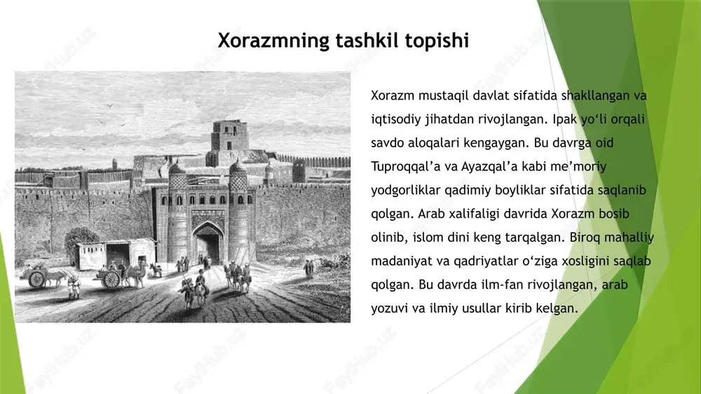 ot va boshqa qadimgi shaharlar xalqaro savdo markazlari sifatida mashhur bo‘lgan. quruqlikdagi yo‘llar - karvon yo‘llari orqali xorazm markaziy osiyodagi boshqa davlatlar bilan bog‘langan. xorazm orqali xitoydan yevropaga va yaqin sharqdan hindistonga savdo yo‘llari o‘tgan. maxsus karvon-saroylar qurilib, savdogarlar uchun xavfsiz va qulay joylar yaratilgan. 13 ilm-fan va madaniyati qadimgi xorazm madaniyati va ilm-fani mintaqaning rivojlanishida va butun dunyo sivilizatsiyasiga ulkan ta’sir ko‘rsatgan. bu yurt ulug‘ allomalari va san’at asarlari bilan tarixda muhim o‘rin egallagan. al-xorazmiy va matematikaga qo‘shgan hissasi al-xorazmiyning hayoti va faoliyati - muhammad ibn muso al-xorazmiy ix asrda yashagan va ilm-fan sohasida buyuk kashfiyotlar qilgan. u algebra fanining asoschisi bo‘lib, uning "al-kitob al-muxtasar fi hisob al-jabr va-l-muqobala" asari algebra fanining shakllanishiga asos bo‘lgan. matematikaga qo‘shgan hissasi - al-xorazmiy algoritm tushunchasini ilm-fanga kiritdi. ushbu atama uning ismidan kelib chiqqan. u o‘nlik sanoq tizimiga asoslangan matematikani rivojlantirdi va hindiston matematika tizimini arab dunyosiga tanishtirdi. uning ishlari yevropaga tarjima qilinib, …