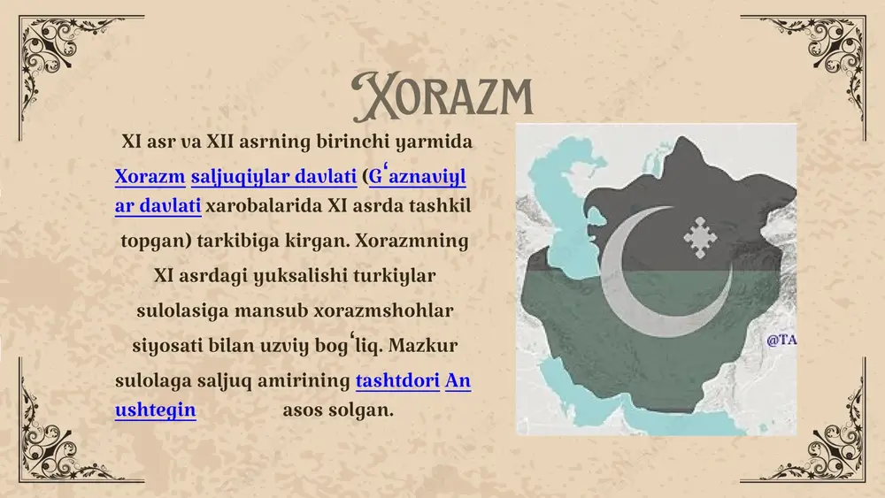 degan fikrni ilgari surishgan (s.p. tolstov, m.g. vorobyova). bu davlatning chegaralari hozirgi xorazm vohasi hududidan ancha keng bo lib, o'rta amudaryo vohasidan boshlab orol dengizigacha bo'lgan yerlarni o'z ichiga olgan. qadimgi xorazm aholisi xorazmdagi bronza davr aholisining asosiy tirikchilik manbai chorvachilik va dehgonchilik bo’igan. tabiiy sharoit amudaryoning eski o'zani oqchadaryo irmoqlaridan ariq qazib, suv chiqarishga imkon bergan tumanlarda sug'orma dehgonchilik rivojlangan. qadimgi xorazm qadimgi xorazm aholisi miloddan avval 2-ming yillikning 2-yarmiga borganda, xususan, uning oxiri va miloddan avval 1-ming yillik boshlari (ix-viii asrlar) da sug'orma dehqonchilik mukammallashib, yaylov chorvachilik rivoj topgan (qarang amirobod madaniyati). bu davrda tozabog'yop, suvyorgan va amirobod madaniyatlarini yaratgan qabilalarning qorishmasi asosida tarkib topgan kavundi (kavondi) qabilalari yashagan. ular xorazmning qadimiy aholisi massagetlarning bevosita ajdodlari bo'lgan. ko'chmanchi chorvachilik, xususan, yilqichilikning rivoji xorazm aholisining ijtimoiy hayotiga ham kuchli ta'sir etib, suvoriylar tabaqasini shakllantirgan. etiboringiz uchun raxmat image1.png image2.svg image3.png image4.png image5.png image6.svg image7.png image8.svg image9.png image10.svg image11.jpeg image12.png …