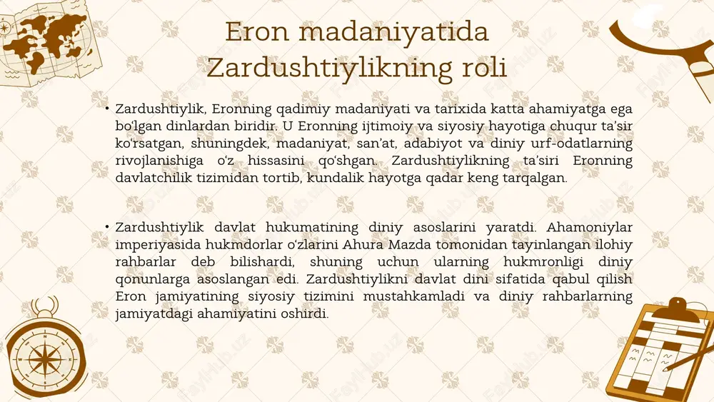 ida bu din davlat dini sifatida qabul qilingan. keyinchalik sasaniylar sulolasi davrida zardushtiylik yanada mustahkamlandi va davlat boshqaruvida muhim rol o‘ynadi. ammo arablarning bosqinchiligi davrida bu din musulmonlik bilan raqobatga kirishdi va asta-sekin chekinishga majbur bo‘ldi. ahamoniylar davrida (er.avv. 6–4-asrlar) zardushtiylik fors ahamoniylar sulolasi tomonidan qabul qilingan va davlat dini darajasiga ko‘tarilgan. ahura mazda podshohlarning homiysi sifatida ulug‘langan, diniy g‘oyalar esa davlat boshqaruvi va qonunchiligiga singdirilgan. zardushtiylikning hozirgi holati bugungi kunda zardushtiylik kichik diniy guruh sifatida eron, hindiston (parsilarning jamoasi), va boshqa mintaqalarda mavjud. uning diniy va falsafiy g‘oyalari insoniyat madaniyati va diniy tafakkuriga katta ta’sir ko‘rsatgan. zardushtiylikning diniy marosimlari zardushtiylar uchun olov poklik va ahura mazdaning timsoli hisoblanadi. olov ibodatxonalarda doimiy ravishda yonib turadi va uning oldida ibodat qilish muqaddas deb bililadi. biroq ular olovning o‘ziga sig‘inishmaydi, balki olovni ilohiy nurning ramzi sifatida e’zozlashadi. zardushtiylikda ibodatning asosiy shakli yasna deb ataladi. bu marosim davomida maxsus o‘qishlar va duo ibodatlari …