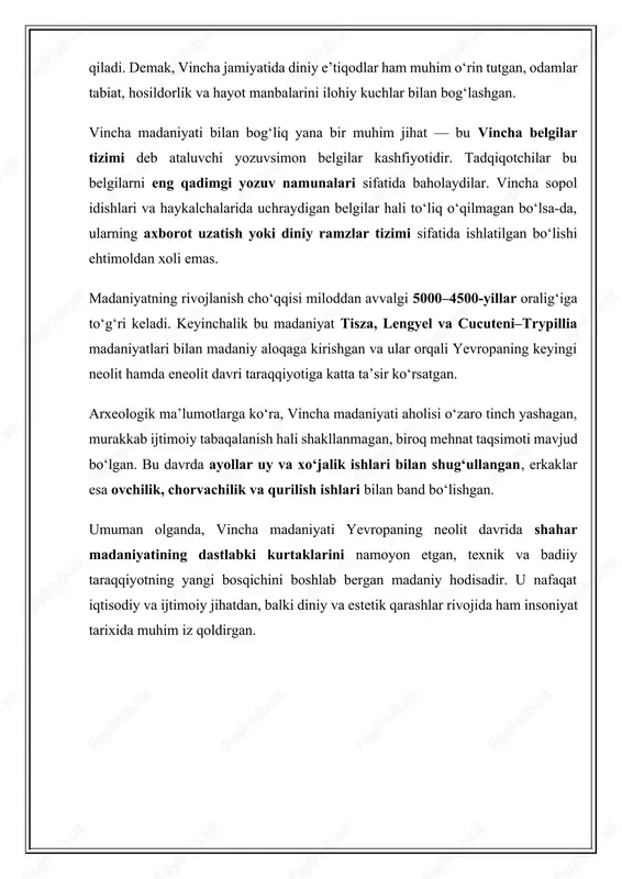 ega bo‘lishidir. qazilmalar natijasida aniqlanishicha, bu joylarda uylar katta, rejalashtirilgan tartibda qurilgan va ko‘chalar mavjud bo‘lgan. har bir uyning o‘ziga xos xo‘jalik inshootlari — o‘choq, ombor, idishlar uchun joy, to‘qimachilik asboblari aniqlangan. vincha aholisi uy qurilishida xom g‘isht, yog‘och, loy va somon aralashmasidan foydalanganlar. uylarning devorlari ba’zan oq rangga bo‘yalgan yoki naqshlar bilan bezatilgan bo‘lgan. bu esa nafaqat estetik qarashlarni, balki madaniy bir xillik va ijtimoiy tashkilot mavjudligini ham ko‘rsatadi. 3. sopol buyumlar va kulolchilik san’ati vincha madaniyati keramika buyumlarining go‘zalligi va badiiy mukammalligi bilan boshqa neolit madaniyatlaridan ajralib turadi. idishlar qo‘lda yoki oddiy kulolchilik charxida ishlangan, keyinchalik ular yuqori haroratda pishirilgan. topilgan sopol buyumlar orasida idishlar, haykalchalar, ritonlar (marosim idishlari), xumlar va bezak buyumlari bor. ularning yuzasiga spiral, to‘lqin, chiziq, uchburchak va hayvon shaklidagi naqshlar tushirilgan. ranglar asosan qizil, qora, kulrang va jigarrang bo‘lib, ularning uyg‘unligi o‘sha davr san’atining yuksak darajasini ifodalaydi. ko‘pchilik sopol buyumlar ayollar tasviri bilan bezatilgan …