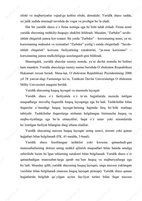 axs o`zi qatnashadigan munosabat-larga qarab ma`lum huquq va majburiyatlarga ega bo`ladi. shunday qilib, yuridik shaxsning huquq layoqati, unga maxsus yuklangan vazifalar bilan belgilanadi (maxsus huquq layoqati prinsipi). yuridik shaxs qonun hujjatlarida belgilab qo`yilgan ayrim fao-liyat turlari bilan faqat maxsus ruxsatnoma (litsenziya) asosida-gina shug`ullanishi mumkin. masalan: neft, neft mahsulotlari va gaz qazib chiqarish, ularni qayta ishlash va sotish faoliyati. fuqarolik huquqida fuqarolarga nisbatan huquq layoqatining tenglik prinsipi o`rnatilgan, fuqarolik huquq layoqatining maz-muni hamma fuqarolar uchun qonun bilan teng hajmda belgilangan bo`lsa, yuridik shaxslarning huquq layoqati undan farqlanib, ularning har qaysi turi uchun har xil bo`ladi. u barcha yuridik shaxslar uchun birorta umumiy hajmda oldin emas, balki muayyan yuridik shaxsning paydo bo`lishida, uning ish maqsadlariga qarab, qonun, ustav yoki nizomlarida belgilanadi. yuridik shaxslarning muomala layoqati ham fuqarolik muomala layoqatidan farq qiladi. agar fuqarolarda huquq layoqatidan farq qilib, muomala layoqati muayyan yoshga yetgach vujudga kelsa, muomala layoqati yuridik shaxslarda huquq layoqati bilan bir …