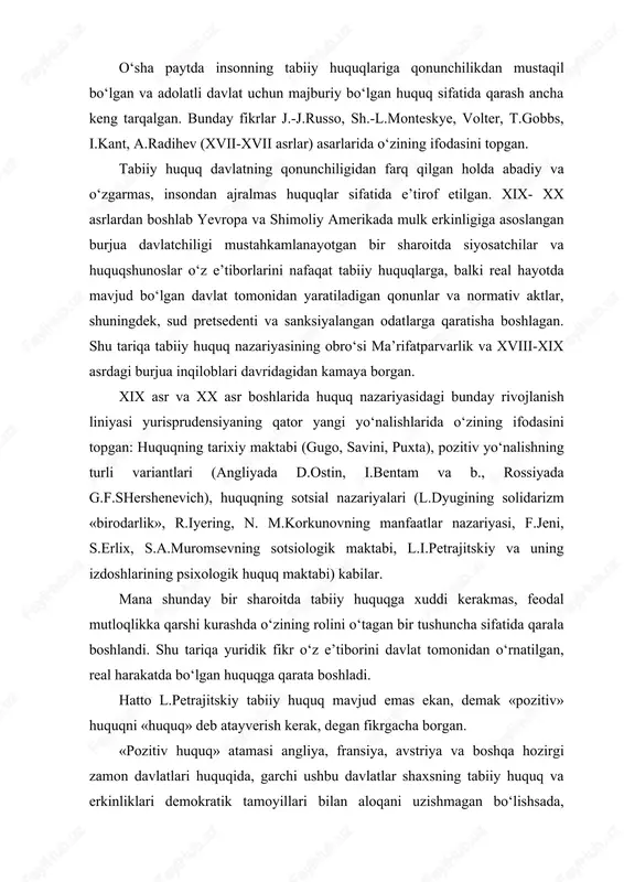 rgan. «pozitiv huquq» atamasi angliya, fransiya, avstriya va boshqa hozirgi zamon davlatlari huquqida, garchi ushbu davlatlar shaxsning tabiiy huquq va erkinliklari demokratik tamoyillari bilan aloqani uzishmagan bo‘lishsada, shunga qaramay e’tirof etiladi. «pozitiv huquq» atamasi hozirgi zamon davlatlari turli huquqiy tizimlari huquq shaklini umumiylashtirishga yordam beradi. shu o‘rinda bir holatni ta’kidlash lozimki, yevropa mamlakat-lari huquqlarida garchi «qonunchilik», «qonun» atamalarini «pozitiv huquq» atamasi bilan bir xil tushunish mavjud bo‘lsa-da, angliya, kanada, avstraliya ittifoqi va boshqa anglo-sakson pretsedent huquqini «qonunchilik» deb atash mushkul. diniy va an’anaviy huquq, xitoy va janubiy-sharqiy osiyo mamlakatlari huquqiy tizimidagi «qonunchilik» atamasiga qayd etilayotgan atama unchalik mos kelavermaydi. shu bois «pozitiv huquq» atamasi hozirgi zamon huquqiy tizimlaridagi «amaldagi, harakatdagi huquq» tushunchasini ifodalashda foydalanilsa joiz. shunday qilib, pozitiv huquq bu yuridik harakatda bo‘lgan, davlat va xalqaro hamjamiyat tomonidan muhofaza qilinadigan normalar, huquqning umumiy prinsiplari, shuningdek, huquqiy munosabat ishtirokchilarining ularga asoslangan qonuniy manfaatlari, huquq va majburiyatlaridir. pozitiv huquqning shakllanishining ijtimoiy jarayoni …