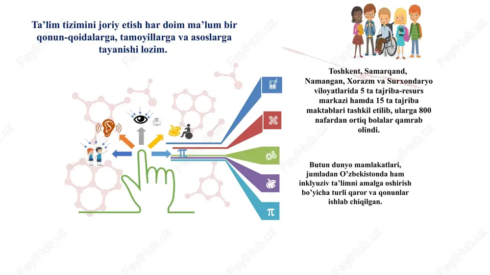 37, 38, 39, 40 rivojlanish bilan bog'liq huquqlar: 5, 6, 7, 9, 10, 11, 12, 13, 14, 15, 24, 28, 29, 31 ishtirok bilan bog'liq huquqlar: 12, 13, 15, 17, 42 vazirlar mahkamasining “respublika bolalar ijtimoiy moslashuv markazini tashkil etish to‘g‘risida” gi 419-sonli qarori (2004 yil) “ijtimoiy himoya yili” davlat dasturi (2007 yil) “bola huquqlarining kafolatlari to‘g‘risida”gi qonun (2008 yil) qator qonunosti xujjatlarda imkoniyati cheklangan bolalarning ta’limi, reabilitatsiyasi, ijtimoiy munosabatlarda erkin, qulay va xavfsiz harakatlanishini ta’minlashga qaratilgan huquqiy me’yorlar belgilab qo‘yilgan. e’tiboringiz uchun tashakkur! image5.png image6.png image7.jpeg image8.png image9.jpeg image10.png image11.jpeg image12.jpeg image13.wmf image14.jpeg image15.jpeg image16.jpeg image17.png image18.jpeg image19.jpeg image20.jpeg image2.jpeg image3.png image4.png /docprops/thumbnail.jpeg