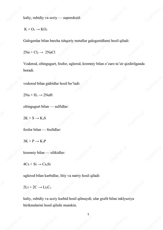 a k birga kam uchraydi. ishqoriy metallarning ayrim birikmalari 1.suvsiz soda 2.silvinit 3.glauber tuzi 4.karnolit 5.koinit 6.dala shpatlari 7.kriolit 8.kristal soda 9.kaustik soda 10.ichimlik sodasi 11.chili selitrasi 12.hint selitrasi 13.bure 14.silvin na2co3 nacl*kcl na2so4*10h2o kcl*mgcl*6h2o kcl*mgso4*3h2o k2o*al2o3*sio2 na3alf6 na2co3*10h2o naoh nahco3 nano3 kno3 na2b4o7*10h2o kcl olinishi. na, li va k elektroliz . tuzlar yoki gidroksidlar . rb va cs xloridlaridan kalsiy metali bilan . xossalari. kub krislall panjara. metallik yaltiroqlik. metallar kerosin (tseziy havoda portlaydi) ostida yoki inert gaz muhitida saqlanadi. engil metallar, pichoq bilan oson kesiladi. li kerosindan engil, parafin ostida berk idishga. eng qattiq’ k u yuqori issiq va elektr o’tkazuvcanlikka ega. litiy. oq, yaltiroq , yumshoq va engil metall. licl va kcl suyuqlanmadan elektroliz . 4li+o2=2li2o l2o kul rangli, suvda yaxshi eriydi. 6li+n2=2li3n cl2, br2 va i2 kuchli alanga berib licl, libr va lii . lif, li2co3 va li3po4 kam eriydi. peroksidlari li2o2, persulfidlari li2s2, perkarbidlari li2c2 …