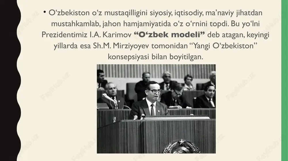 jratildi. o`zbekistondagi barcha davlat teatrlari, madaniyat uylari, san`at oliy o`quv yurtlari, folklor-etnografik guruhlar madaniyat o`choqlariga aylanib qoldi. teatr sahnalarida yangi zamonaviy spektakllar qo`yila boshlandi. mdo` dagi davlatlar ilan ijodiy hamkorlik yo`lga qo`yildi, turli xalqaro anjumanlar o`tkazildi.badiiy adabiyotda partiyaviylik, sinfiylik nuqtai nazaridan yondoshishga chek qo`yildi. bahovuddin naqshband, feruz, xo`ja ahror, cho`lpon, fitrat kabi allomalarning nomlari tiklanib, asarlari chop etildi.1991 yili buyuk alloma, qazal mulkining sultoni alisher navoiy yubileyini o`tkazish katta voqea bo`ldi. bu tantanaga baqishlanib respublikamizda shoirning asarlari nashrdan chiqarildi. 1994 yil mirzo uluqbek tavallud topgan kunining 600 yilligi keng ko`lamda, jahon miqyosida nishonlandi. yunesko ning parijdagi qarorgohida yubileyga baqishlangan haftalik va unga ko`rgazma ochildi.mustaqillik yillarida buyuk sohibqiron amir temurning 660 yilligi bo`lib o`tdi. yunesko tomonidan 1996 yil «amir temur yili» deb e`lon qilindi. shu yili yunesko ning parijdagi qarorgohida «temuriylar davri, fan, madaniyat va maorifning gullab yashnashi» mavzuida anjuman va unga baqishlangan ko`rgazma ochildi.mamlakatimizda «temuriylar tarixi davlat» muzeyi, amir temur …