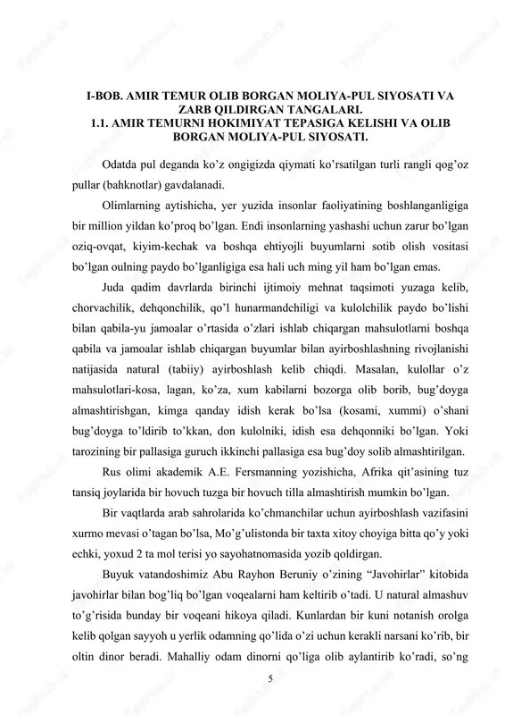 jlangan davlatlardan biri bo’lganligi uchun bu hududda siyosiy, iqtisodiy ustaqillik ramzi bo’lgan tanga pullar bundan taxminan 2500 yillar muqaddam zarb qilingan. tarixchilarning tadqiqotlariga ko’ra, miloddan avvalgi v-iv asrlarda ahmoniylar imperiyasida zarb qilingan oltin dakidlar! amir temur bin tarag’ay 736 hijriy yili (milodiy 1336 yil 9 aprelda) shahrisabz shahriga yaqin xo’ja ilg’or qishlog’ida tug’ilgan. hozir bu qishloq yakkabog’ tumaniga qarashlidir. otasi tarag’ay barlos urug’ining nufuzli beklaridan bo’lganligi uchun ham har yili bir marta ili daryosi bo’yidagi olmaliq shahriga xon tomondan chaqiriladigan qurultoyga taklif qilinar edi. u xudojo’y kishi sifatida shayxlar bilan yaqin munosabatda bo’lar, ayniqsa piri shayx shamsiddin kulol amir temurning ham piri bo’ldi. tarag’ay 1360 yili vafot etgan va kesh shahriga dafn etilgan. amir temurning onasi tegina xotun mushtipar ayollardan edi. ”amir temur ojiz kishilaru raiyatlarni, savdogar, dehqonlarni muhofaza etishda qonunlarga rioya qilib, adolat rasmini bajo keltirdi. asrlar mobaynida hali biror talabgorning aqdu nikohiga kirmagan ikki bo’yi yetgan go’zaldek bo’lmish …