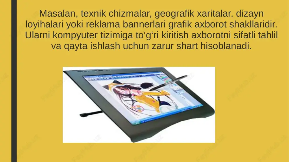 i qo‘li bilan bevosita chizish yoki belgilarni kiritish imkonini beradi. grafik ma’lumotlarni kiritish jarayonining bosqichlari grafik axborotlarni kiritish jarayoni odatda quyidagi bosqichlarda amalga oshiriladi: ma’lumot manbasini tayyorlash – rasm, hujjat yoki ob’ektni skanerlash yoki suratga olish uchun tayyorlash. raqamlashtirish – tasvirni optik yoki raqamli qurilma orqali kompyuterga o‘tkazish. dasturiy tahrir – kiritilgan grafik ma’lumotni maxsus dasturlarda (adobe photoshop, coreldraw, autocad va b.) qayta ishlash. saqlash va eksport qilish – tayyor grafik faylni kerakli formatda saqlash (jpeg, png, tiff, svg va h.k.). bu bosqichlar ketma-ketligi sifatli va to‘liq grafik ma’lumot olishni ta’minlaydi. zamonaviy texnologiyalarda grafik axborotlarni kiritishning roli bugungi kunda grafik axborotlarni kiritish vositalari turli sohalarda keng qo‘llanilmoqda: ta’limda – interaktiv doskalar, raqamli planshetlar yordamida dars jarayonini vizual tarzda tashkil etish; tibbiyotda – rentgen va ultratovush tasvirlarini raqamlashtirish orqali tashxis qo‘yish; muhandislikda – chizmalarni autocad dasturiga kiritib, loyihalash ishlarini soddalashtirish; dizaynda – reklama, arxitektura va multimedia sohalarida kreativ tasvirlarni yaratish; arxivlashtirishda …