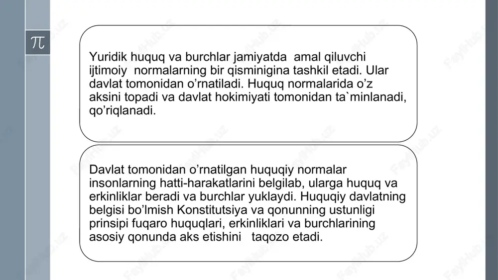 siy g‘oyasiga aylantirildi. 18 prezidentimiz shavkat mirziyoyevning 2017 yil 19 sentyabrda bmt bosh assambleyasining 72-sessiyasidagi maʼruzasini tinglagan davlatlar rahbarlari, dunyo jamoatchiligi o‘zbekistondagi inson huquqlarini himoya qilish borasidagi o‘zgarishlarga o‘z bahosini berdi. bu esa, mamlakatda davlat, jamiyat va fuqarolarning inson huquqlari umumjahon deklaratsiyasining tamoyillari va qadriyatlariga eʼtiborini kuchaytirish, inson huquqlari va erkinliklarini ishonchli himoya qilishni taʼminlashga qaratilgan samarali tadbirlar amalga oshirilayotganidan dalolatdir. davlatimiz rahbari bmt bosh assambleyasining 72-sessiyasi doirasida tuzilma rahbarlari bilan uchrashuvlari chog‘ida 2018 yilda inson huquqlari umumjahon deklaratsiyasi qabul qilinganining 70 yilligi munosabati bilan samarqand shahrida inson huquqlari bo‘yicha osiyo forumini o‘tkazish tashabbusini bildirganligi ham bejiz emas, albatta. eʼtiborli tomoni shundaki, bmt tashkil etilganidan keyingi 70 yil davomida osiyo mintaqasida birinchi marta tashkil etilgan inson huquqlari bo‘yicha osiyo forumi yakunlari bo‘yicha inson huquqlari himoyasi yuzasidan samarqand deklaratsiyasining qabul qilindi. bu esa, yurtimizda inson huquqlari himoyasi yo‘lida amalga oshirilayotgan islohotlar natijasidir. 19 xulosa inson va fuqarolarning asosiy huquqlari har bir …
